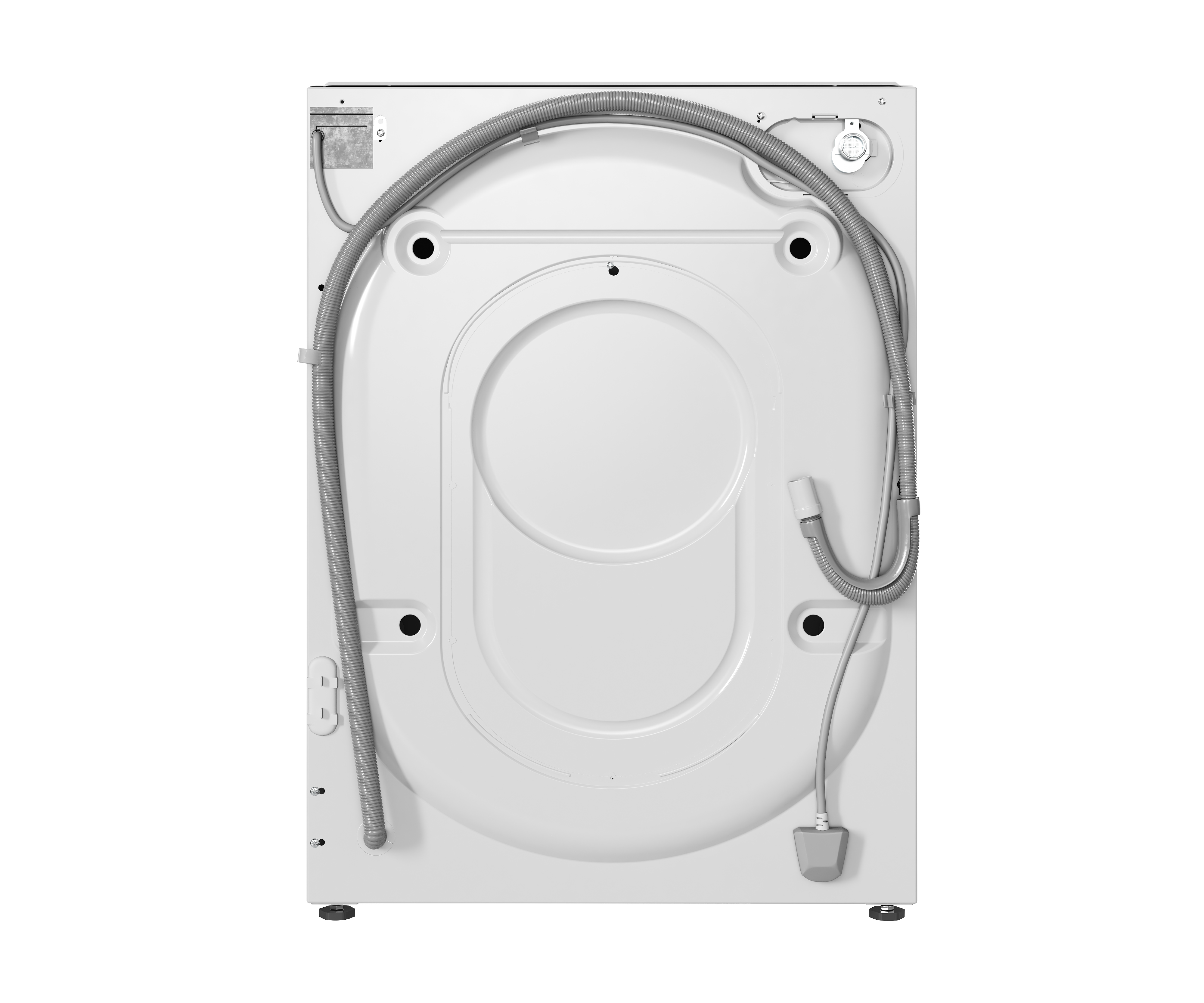 Vista trasera de una lavadora blanca, con diseño circular y una manguera.