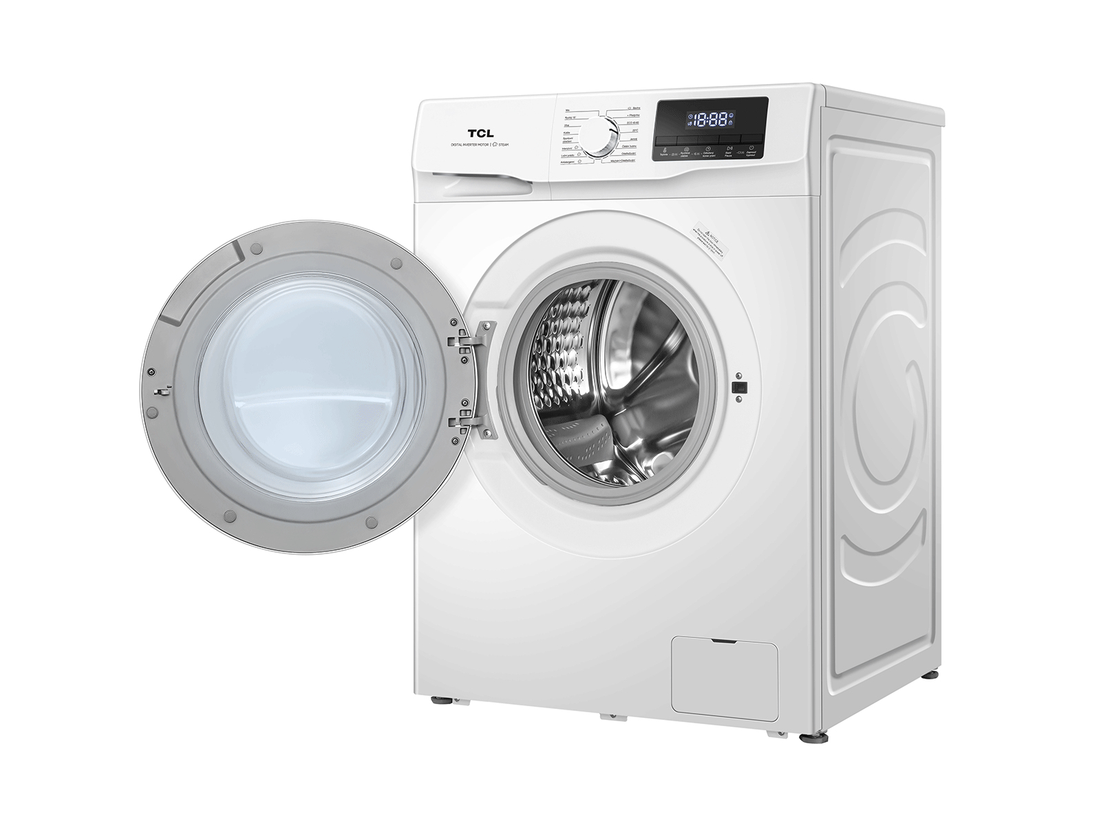 Lavadora TCL con puerta abierta. Exterior blanco, panel de control en la parte superior. Tambor gris visible.