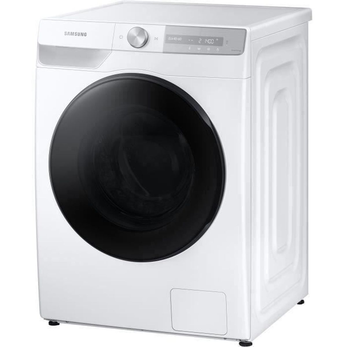 Lavadora Samsung blanca. Lavadora blanca con una gran puerta negra y panel de control plateado.