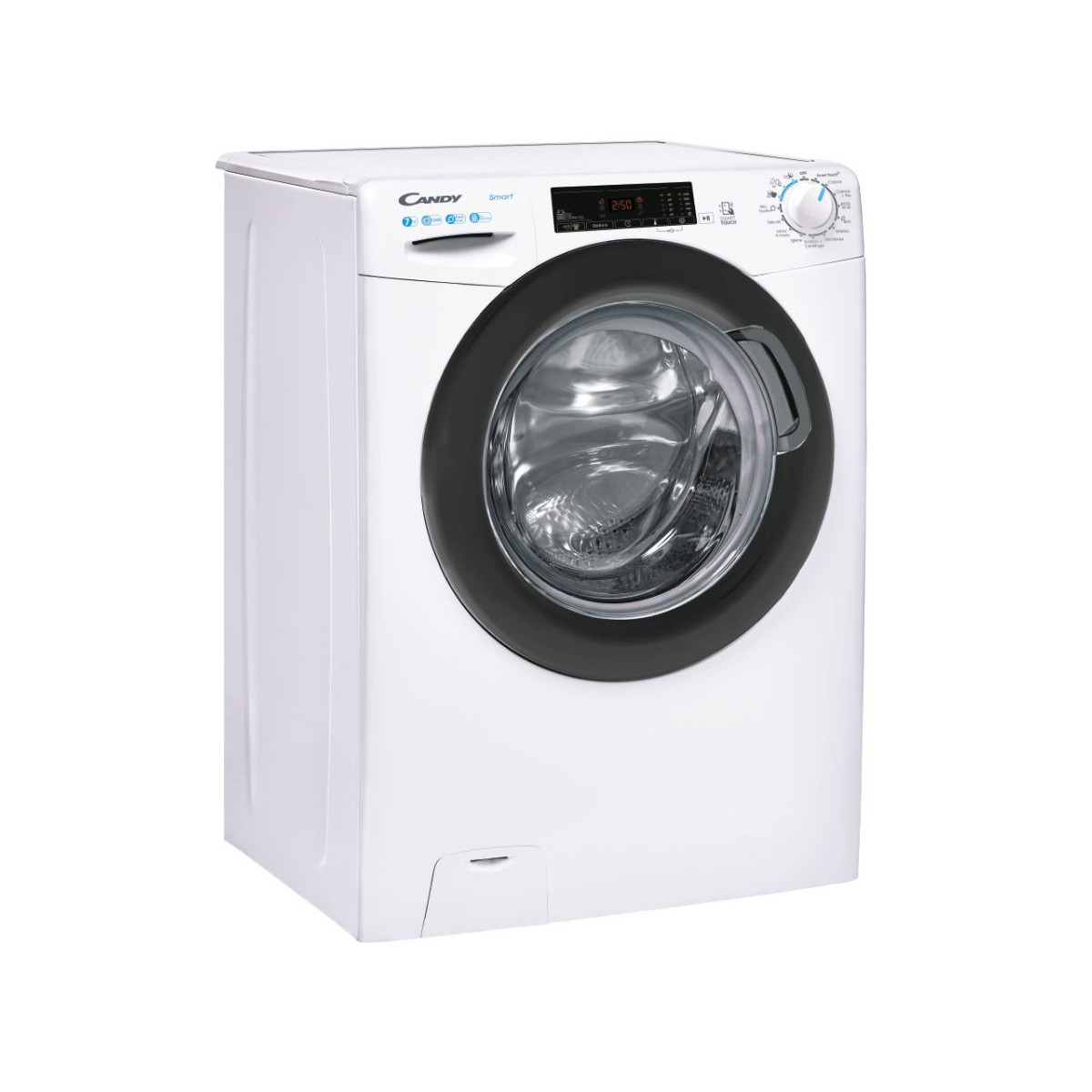 Lavatrice bianca con porta nera, display digitale e marchio 'CANDY Smart'.
