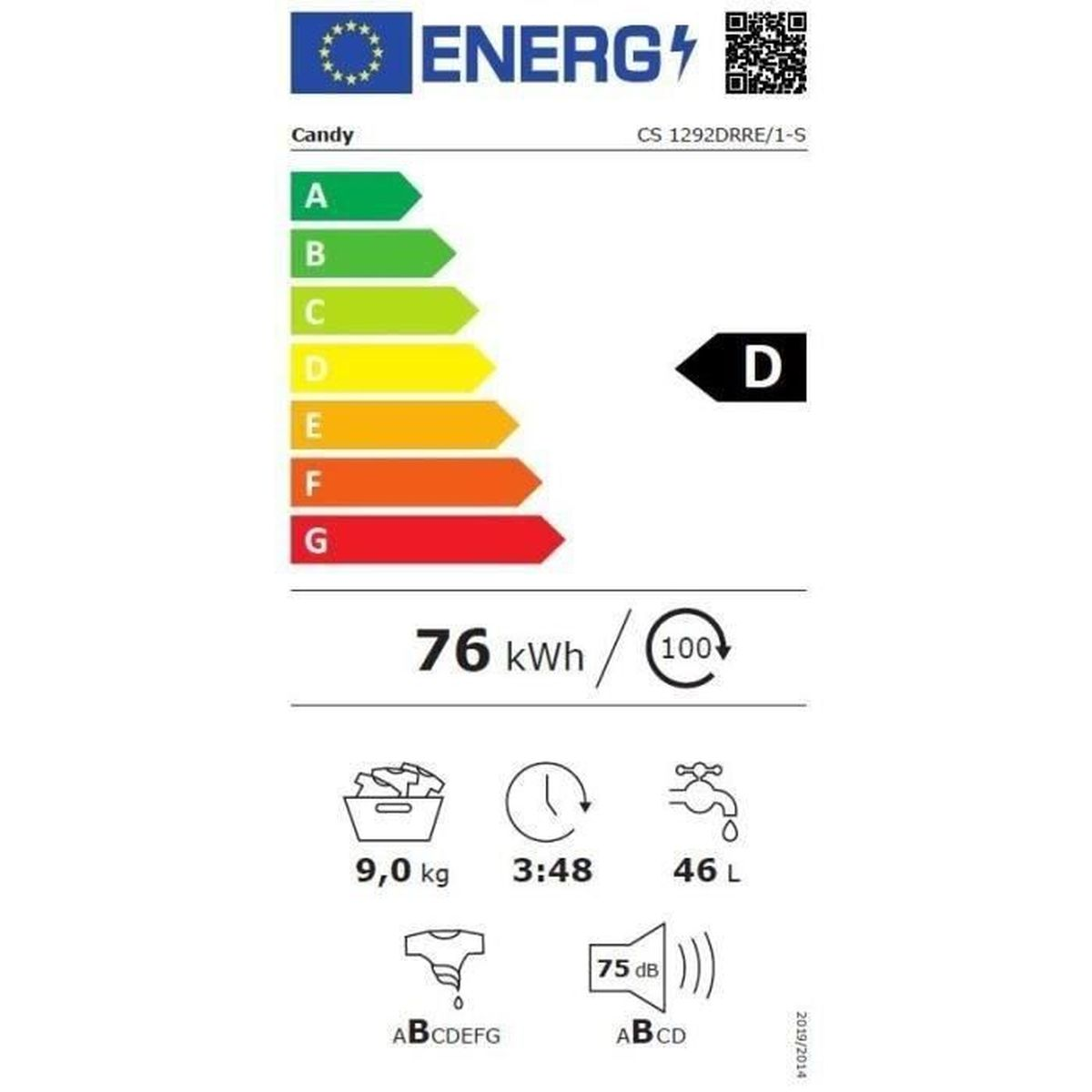 Etiqueta energética para una lavadora Candy. Muestra la clase de eficiencia energética D y otras especificaciones.