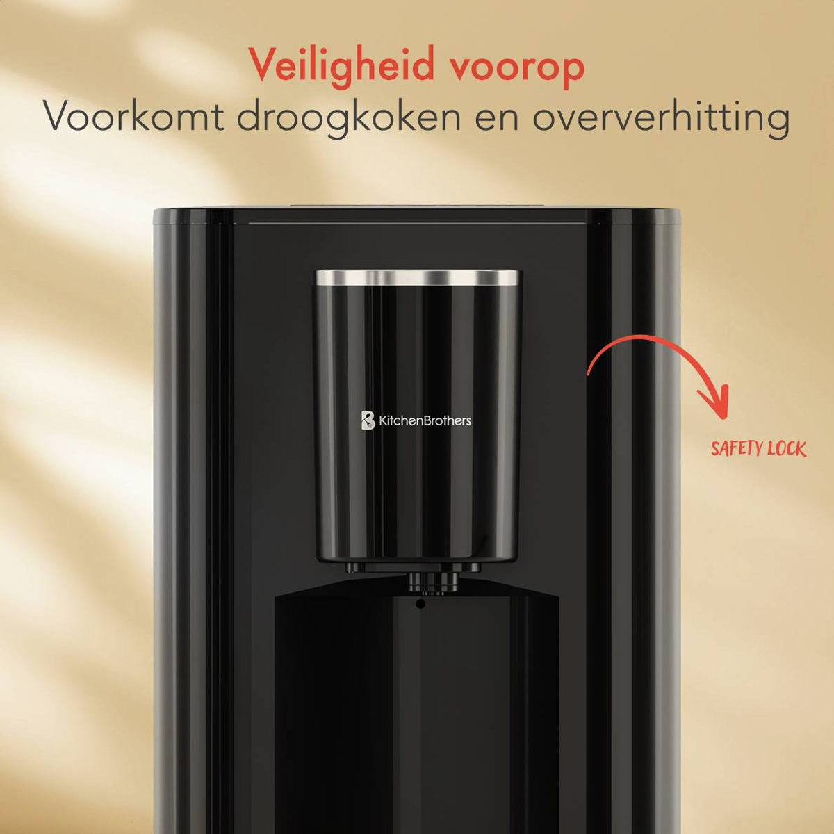 Zwarte waterdispenser, rode pijl wijst naar veiligheidsvergrendeling, zwarte achtergrond.