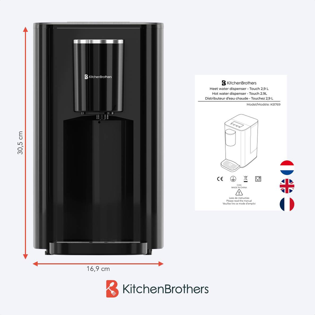 Zwarte waterdispenser met afmetingen en productdetails.