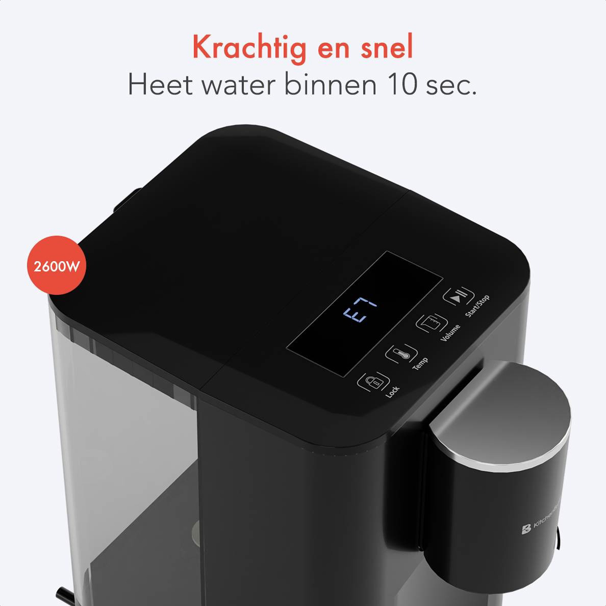 Zwarte warmwatermachine met een display en tekst.