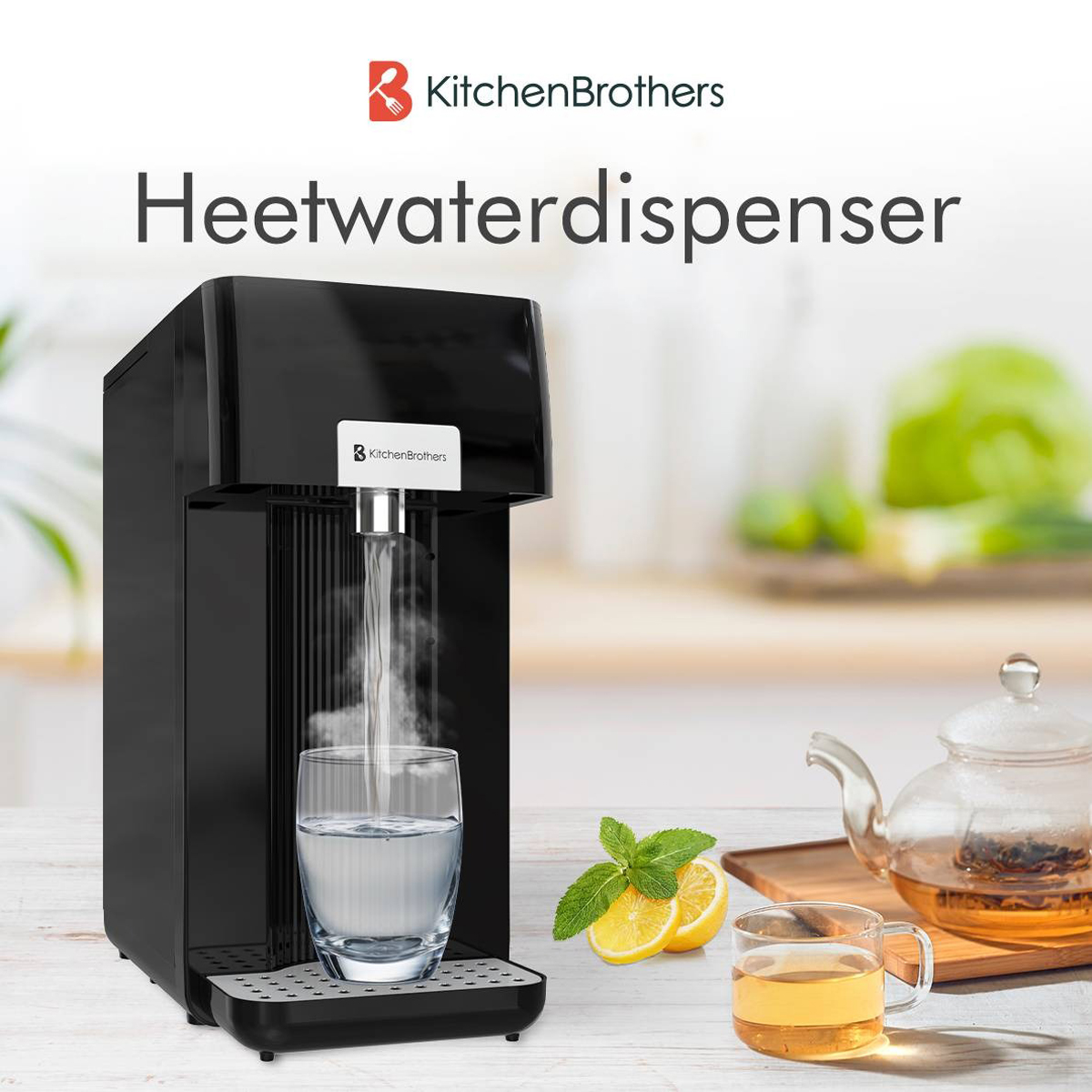 Black water dispenser pouring water into a glass. Tea and lemon are on a wooden table.