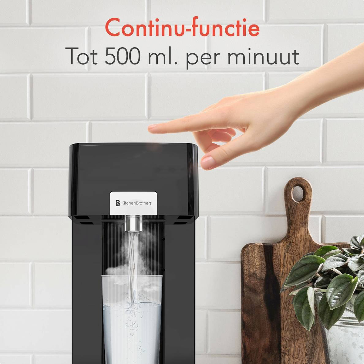 Hand pointing to a black water dispenser. Water pouring into a glass. White tiled wall background.