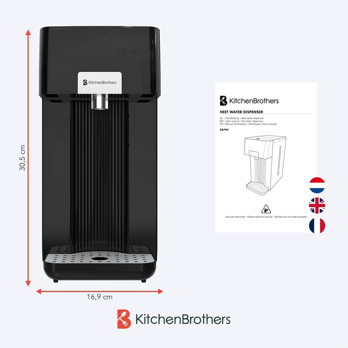Black water dispenser with dimensions. Manual and flags in background. White background.