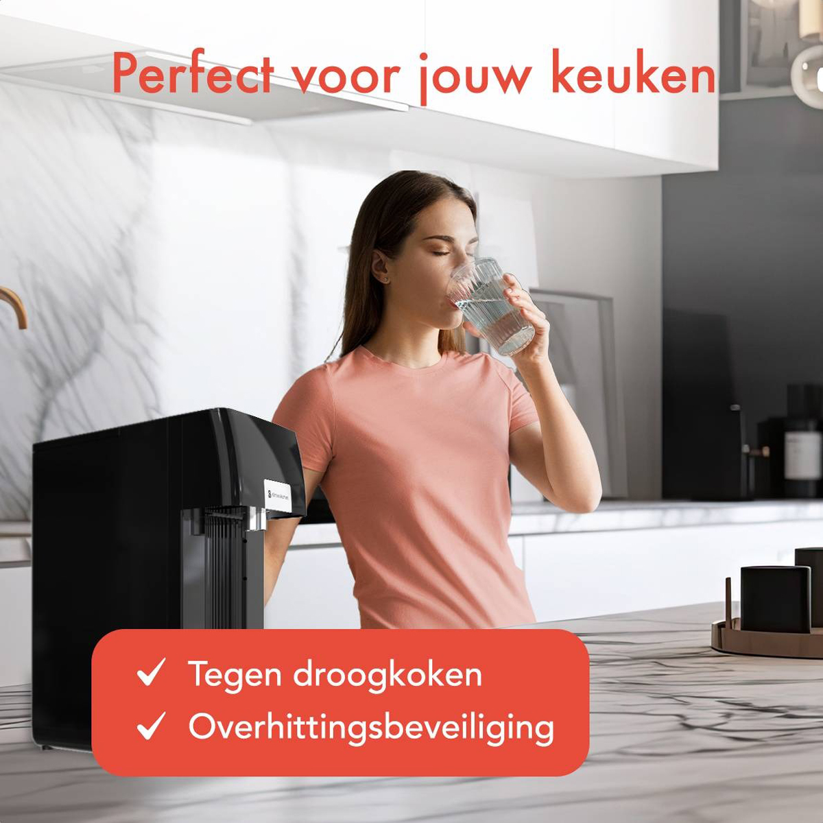 Woman drinking water. Black water dispenser in kitchen. Text: Perfect for your kitchen. Features: Dry cooking protection.