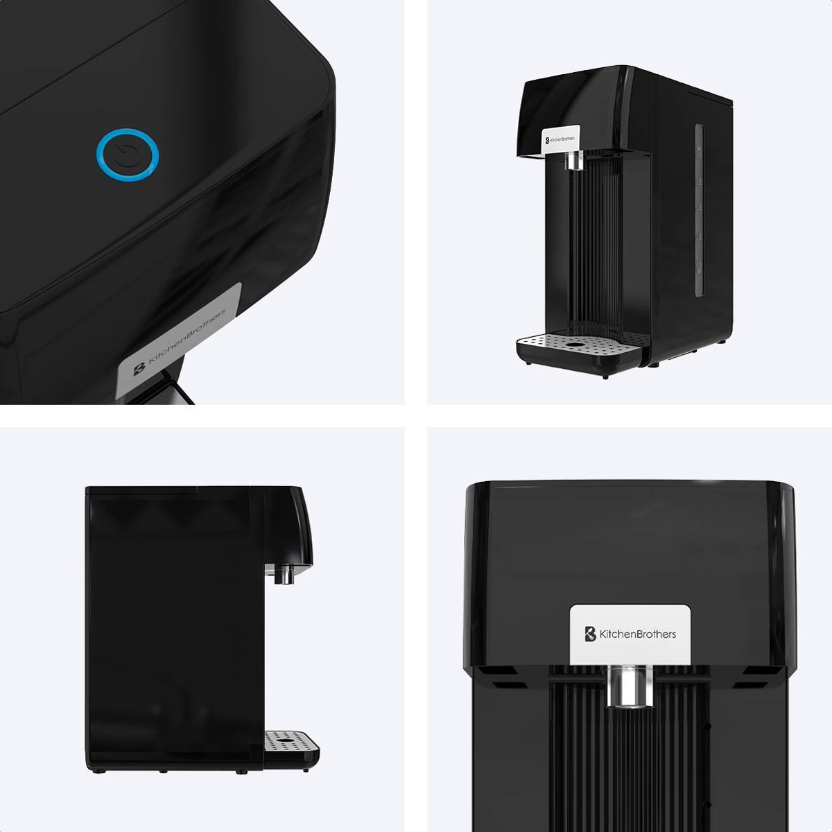 Close-up views of a black water dispenser, showing a control button, side, and front details.