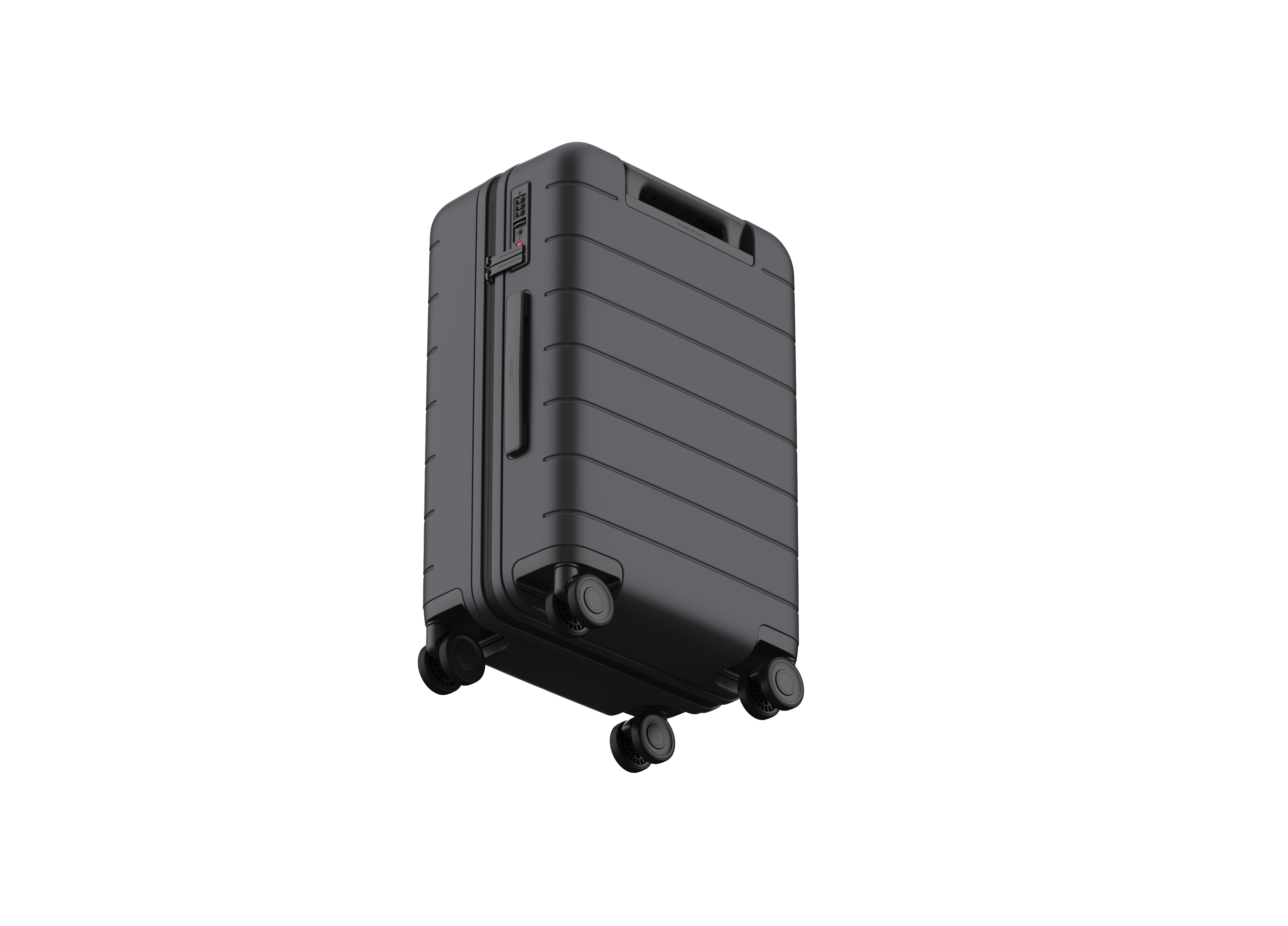 Black suitcase with wheels. Dark background. The suitcase has a handle and a lock.