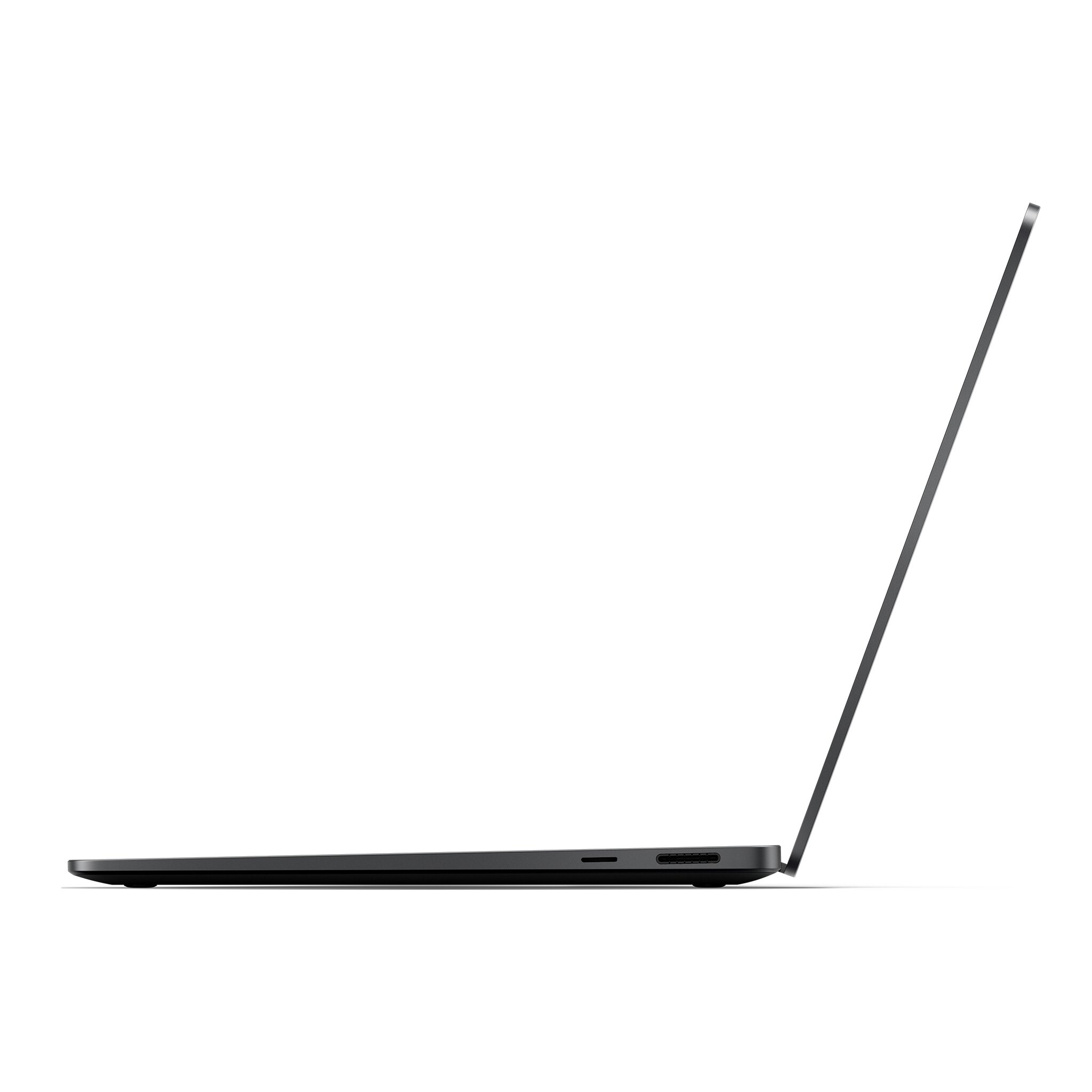 Un laptop grigio scuro con lo schermo aperto, visto di lato, su sfondo bianco.