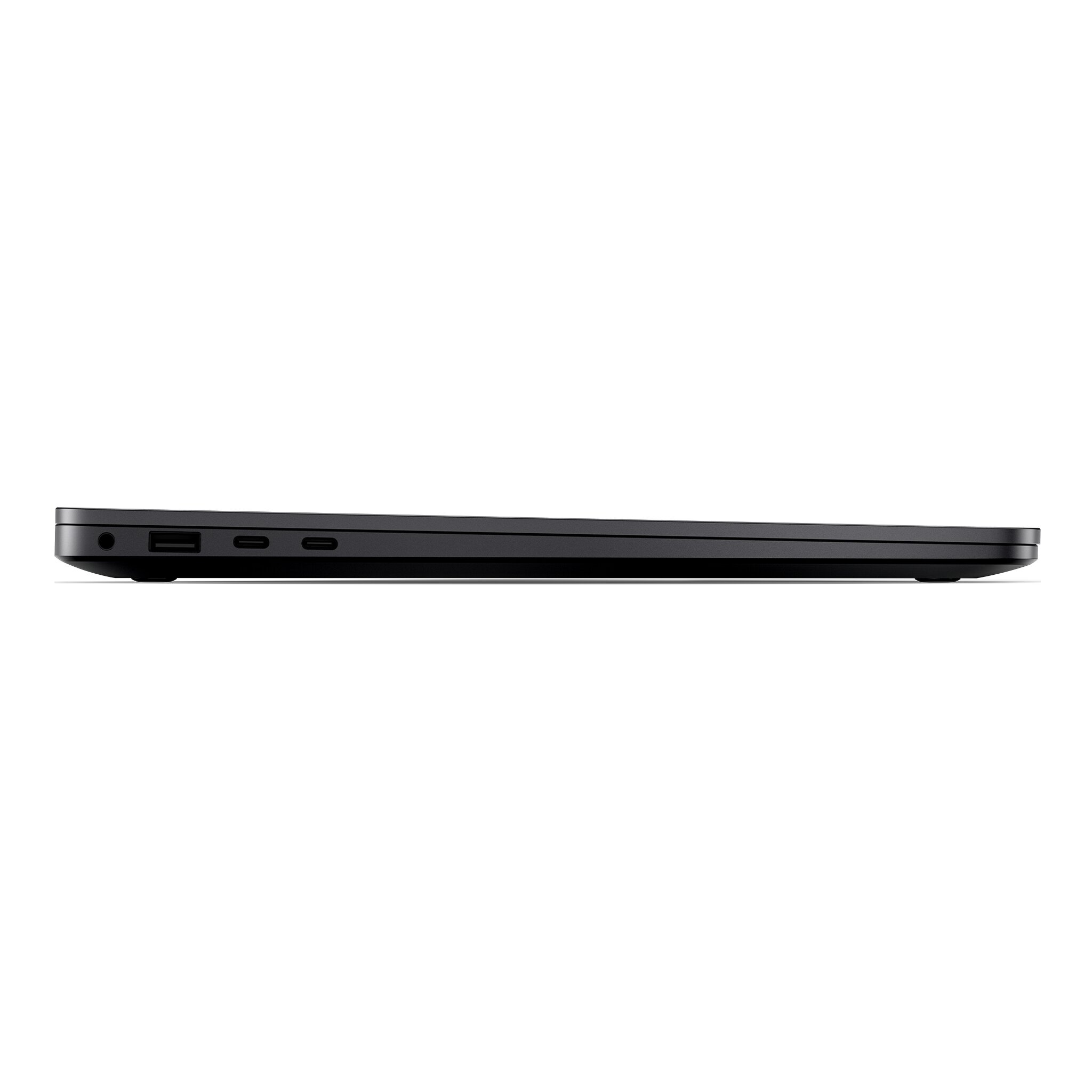Laptop nero, vista laterale. Mostra le porte e un profilo elegante. Il laptop è chiuso.