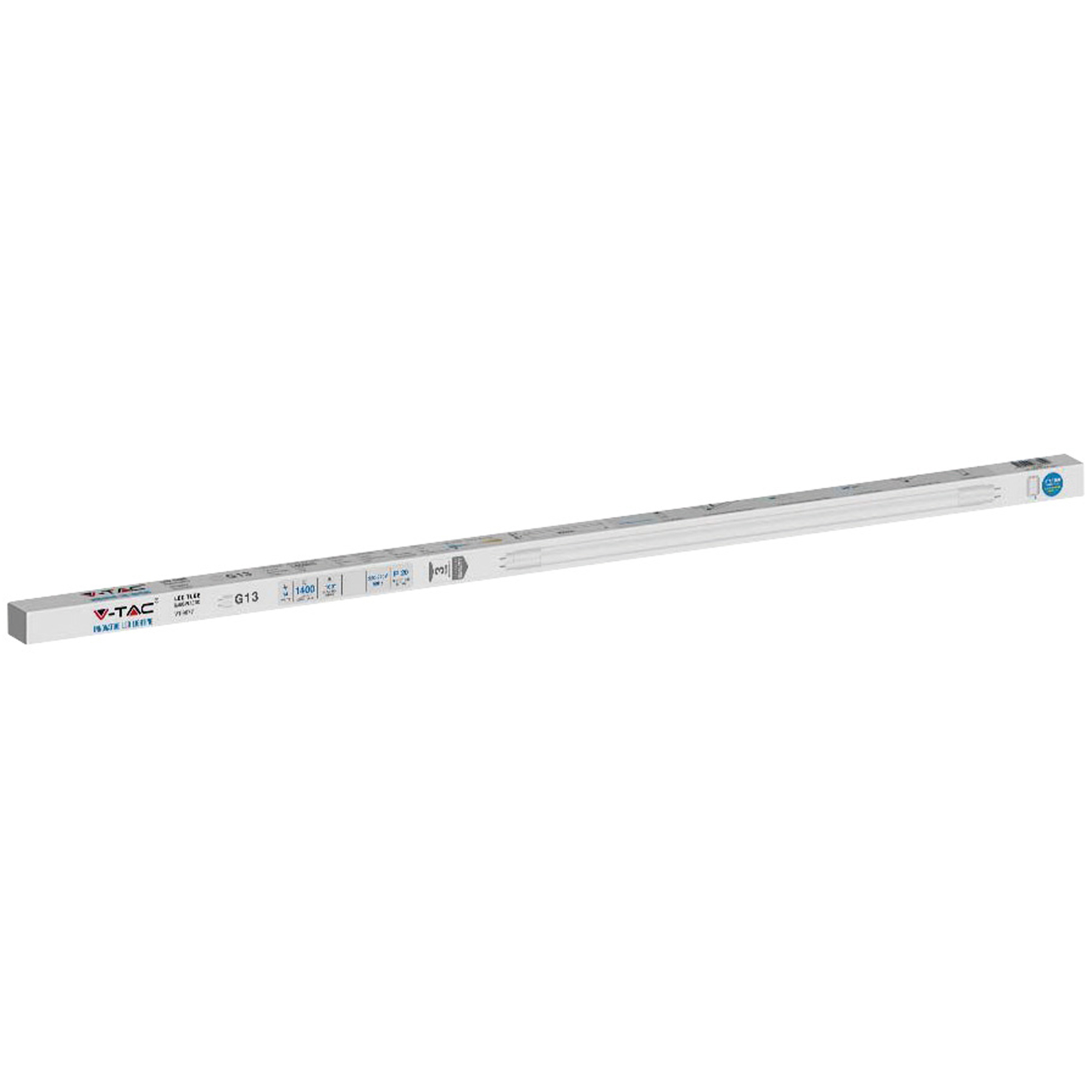 Una lunga lampada a tubo fluorescente in una scatola.