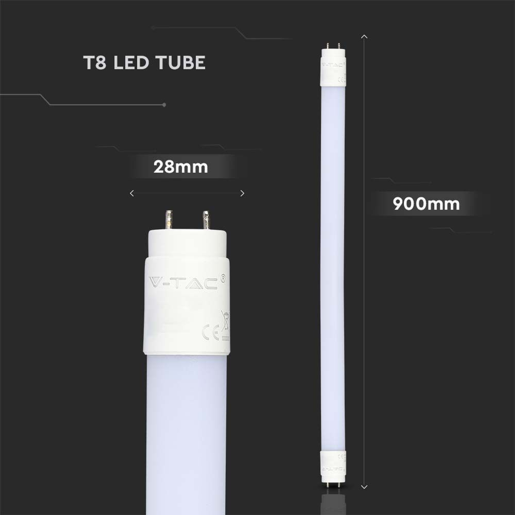 Tubo LED T8, bianco con dimensioni. 900mm di lunghezza e 28mm di larghezza. V-TAC.