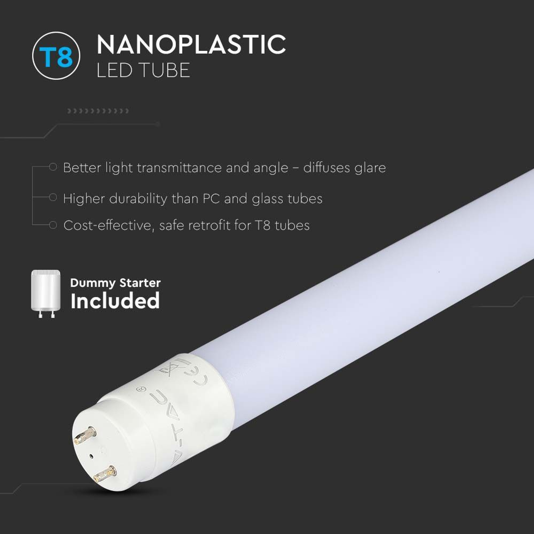Tubo LED T8 bianco con il nome del prodotto. Le caratteristiche includono migliore trasmissione della luce e retrofit sicuro.