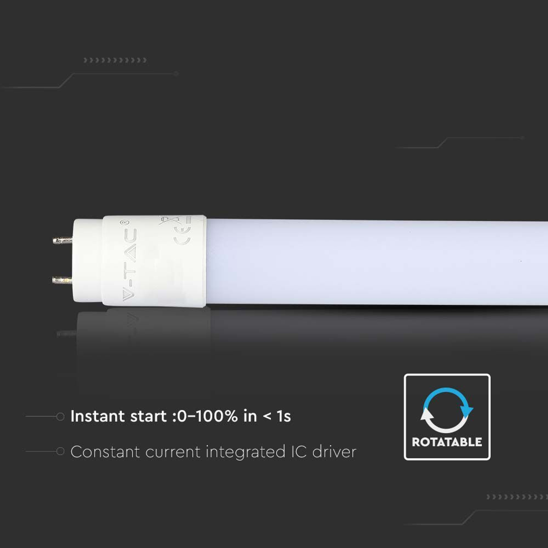 Un lungo tubo luminoso bianco con un'estremità bianca e uno sfondo nero con del testo sull'immagine.