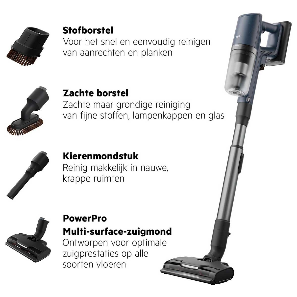 Stofzuiger met onderdelen, met borstel, mondstuk en accessoires.