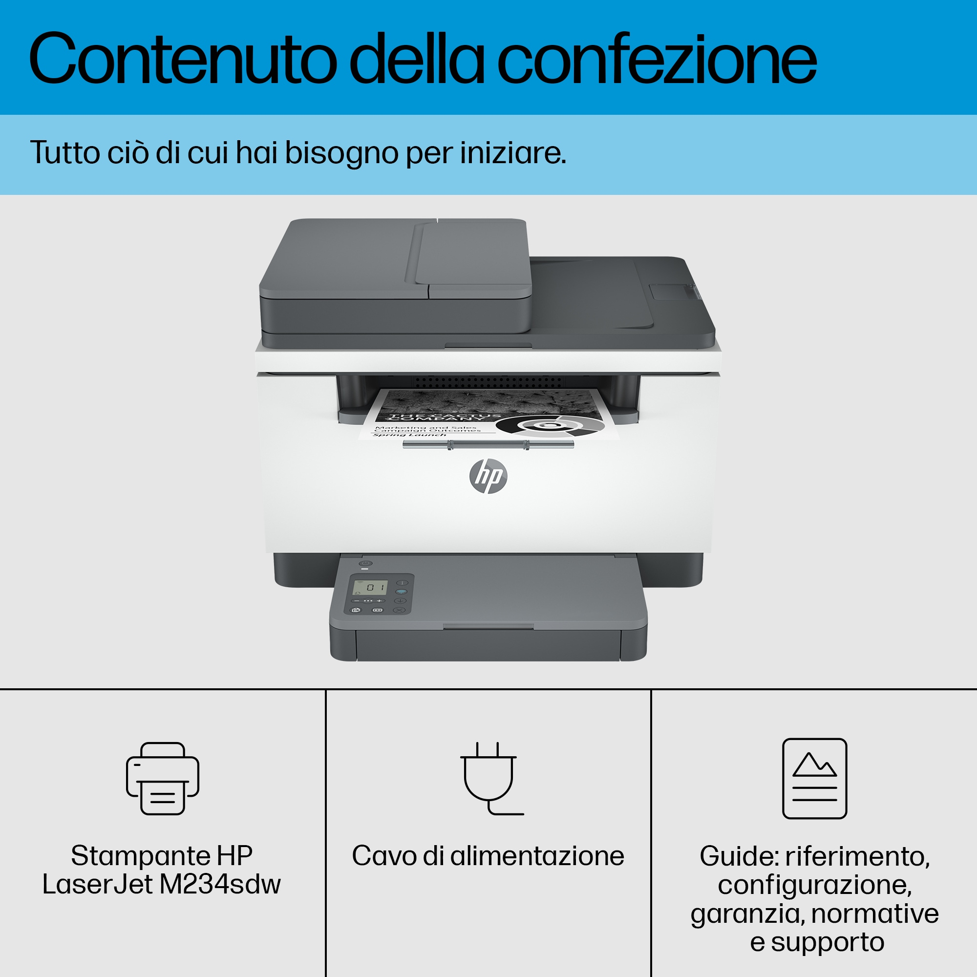 Drukarka HP z dołączonym przewodem zasilającym i instrukcjami konfiguracji, gwarancji i wsparcia.