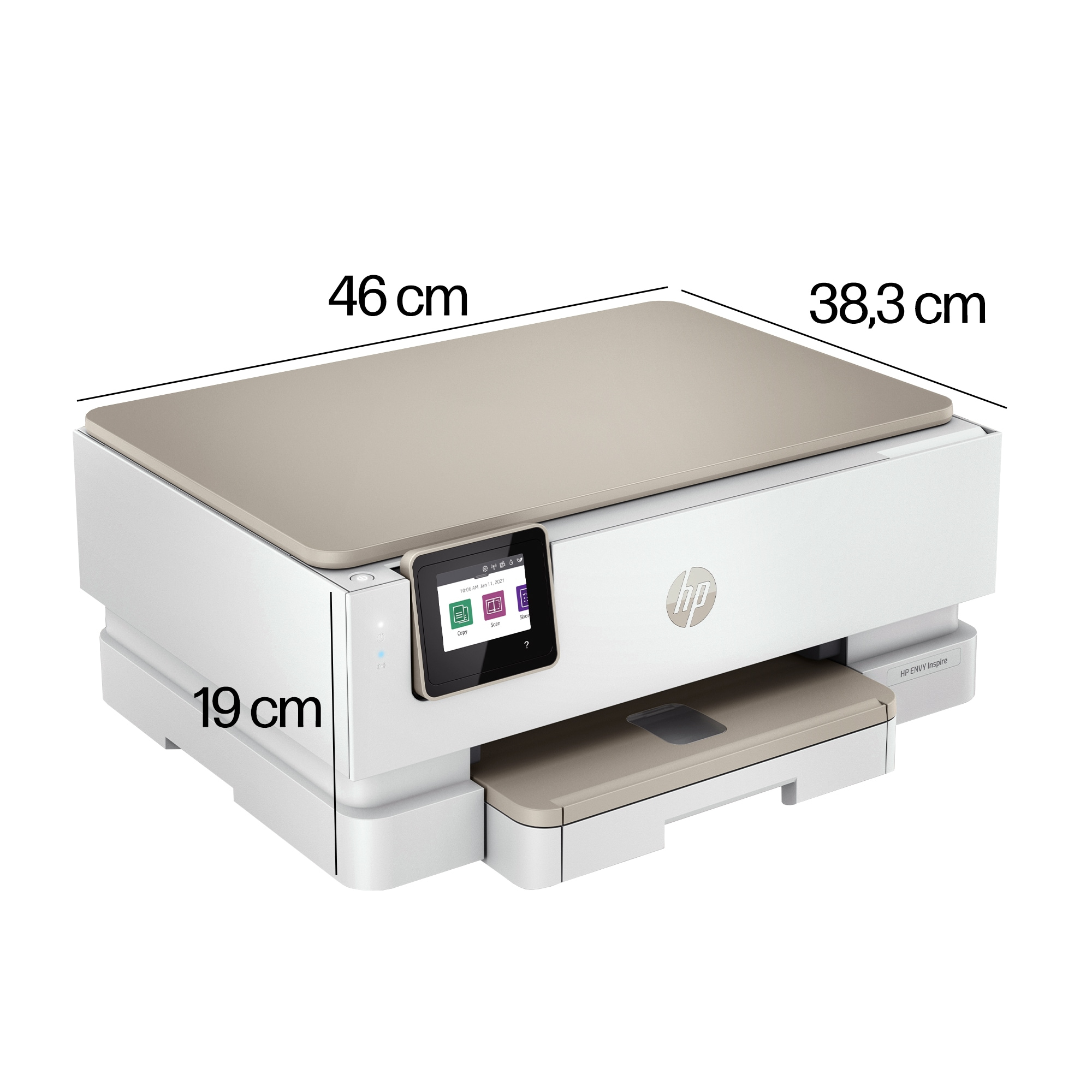 Stampante HP, dimensioni mostrate con etichette, con touchscreen e vassoio.