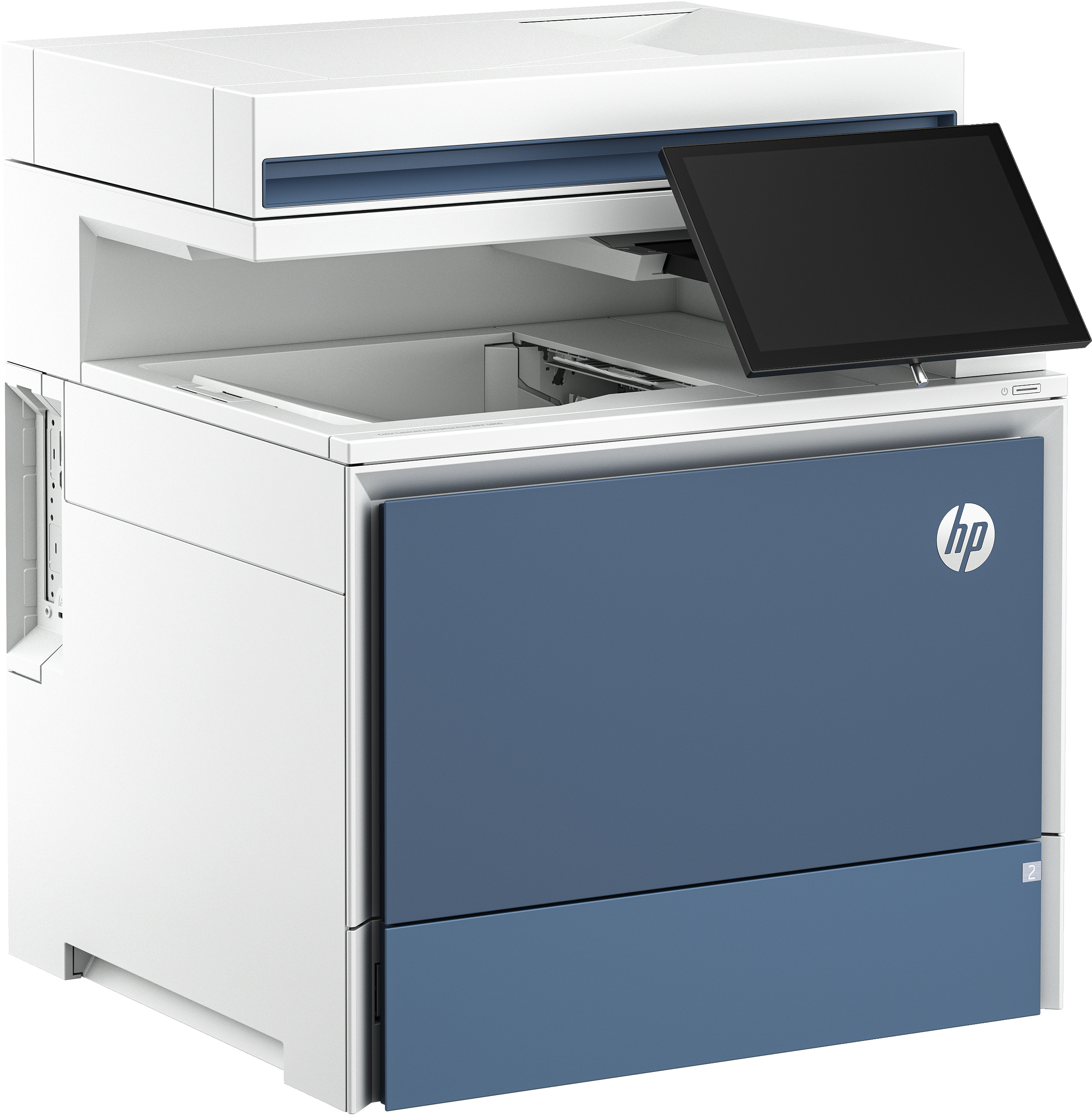 Drukarka HP z niebieskim panelem przednim i ekranem dotykowym. Konstrukcja ma otwartą tacę na papier.