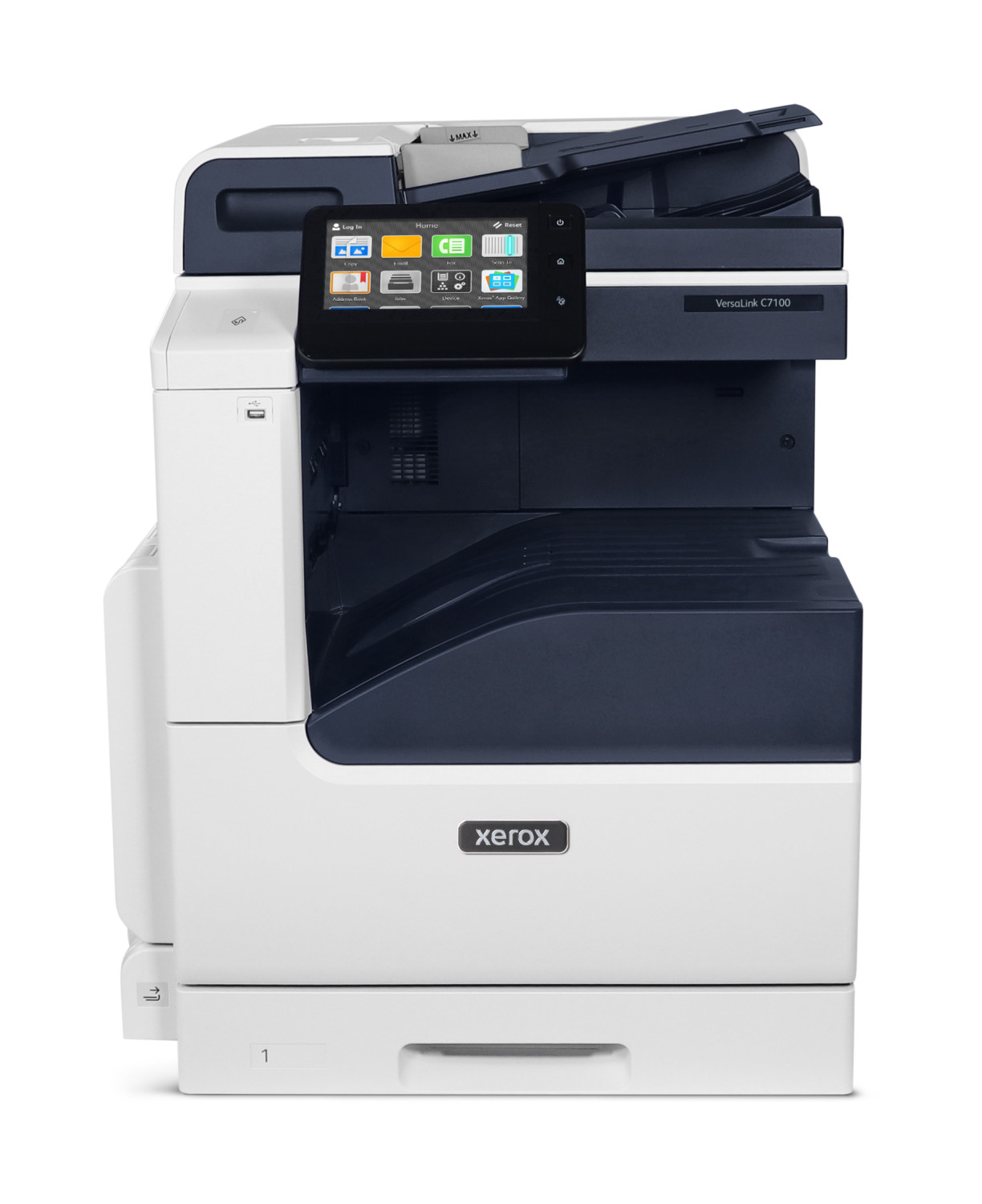 Drukarka Xerox VersaLink C7100 z interfejsem dotykowym. Biała obudowa z ciemnoniebieskimi akcentami.