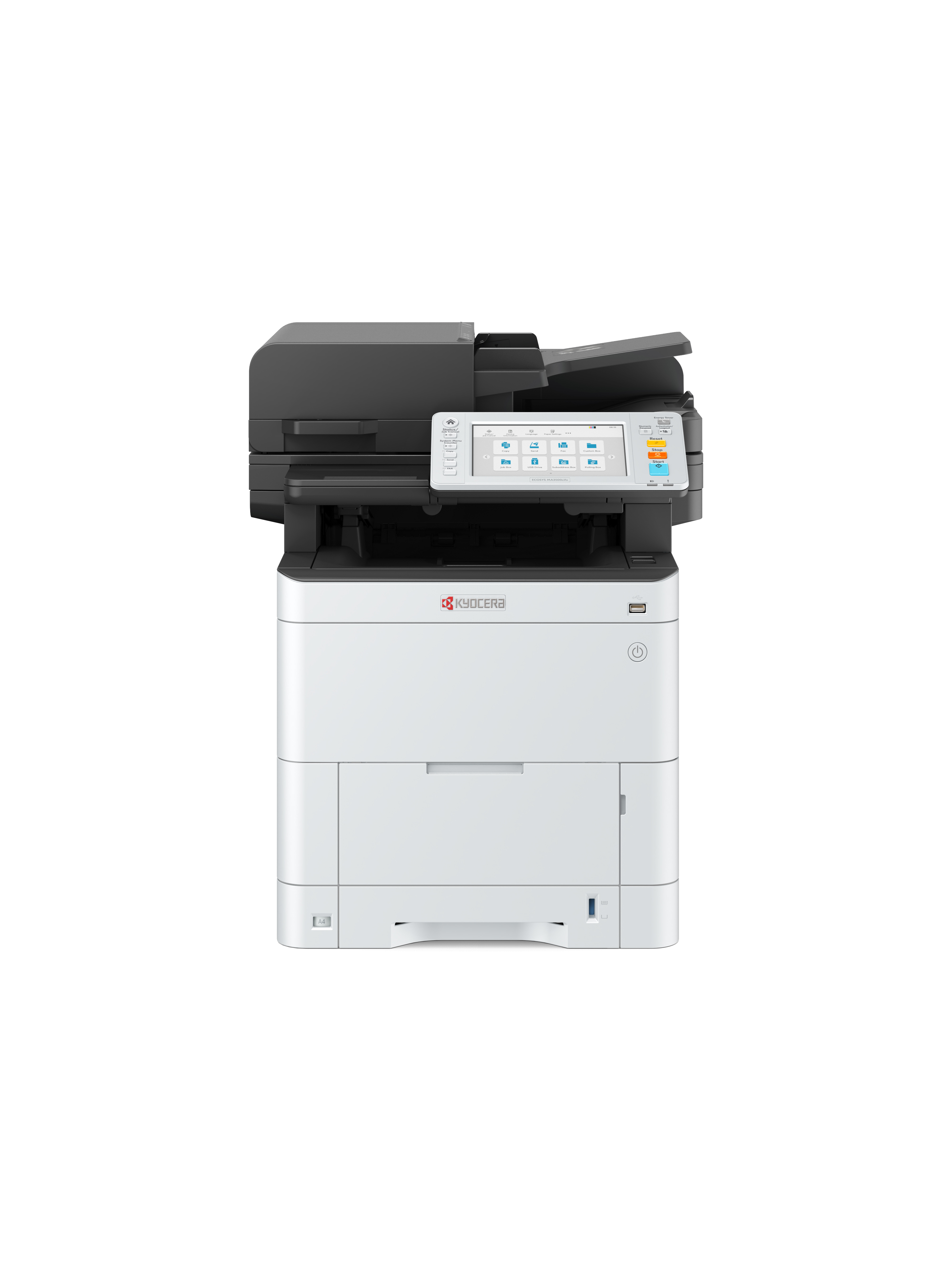Una stampante Kyocera bianca e nera. Ha un touchscreen e un vassoio carta.