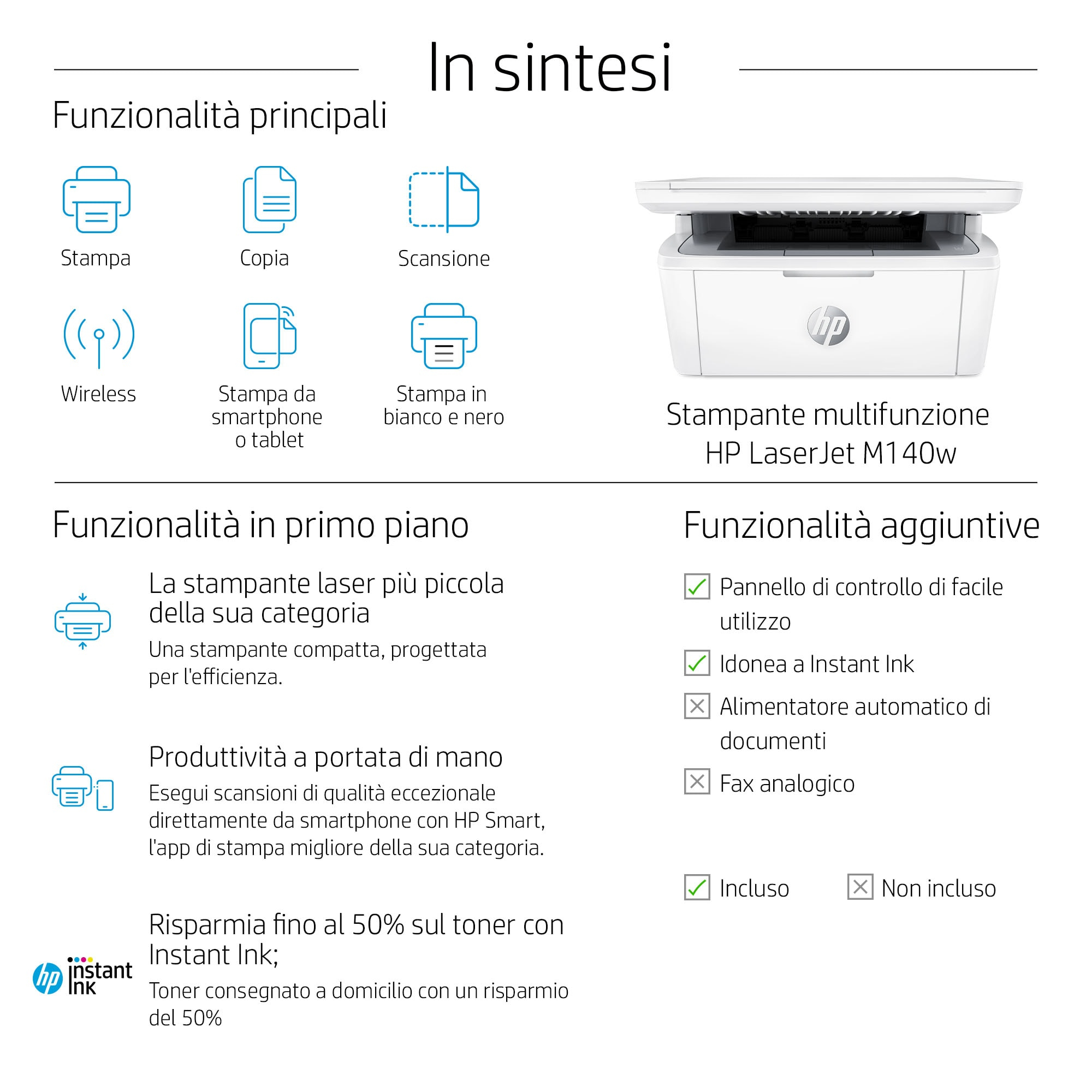 Las características y funciones de la impresora HP se muestran con iconos y texto.