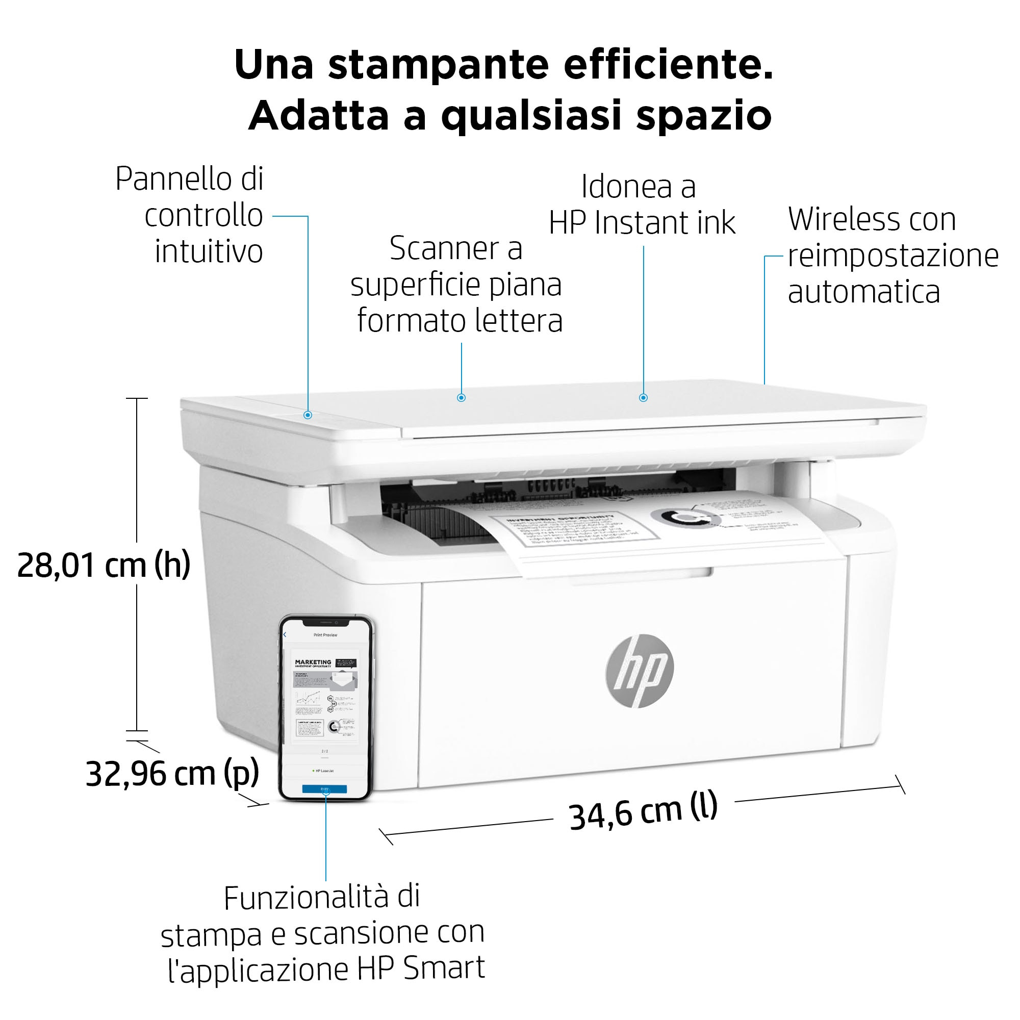 Una impresora blanca con dimensiones y un teléfono que muestra una aplicación.