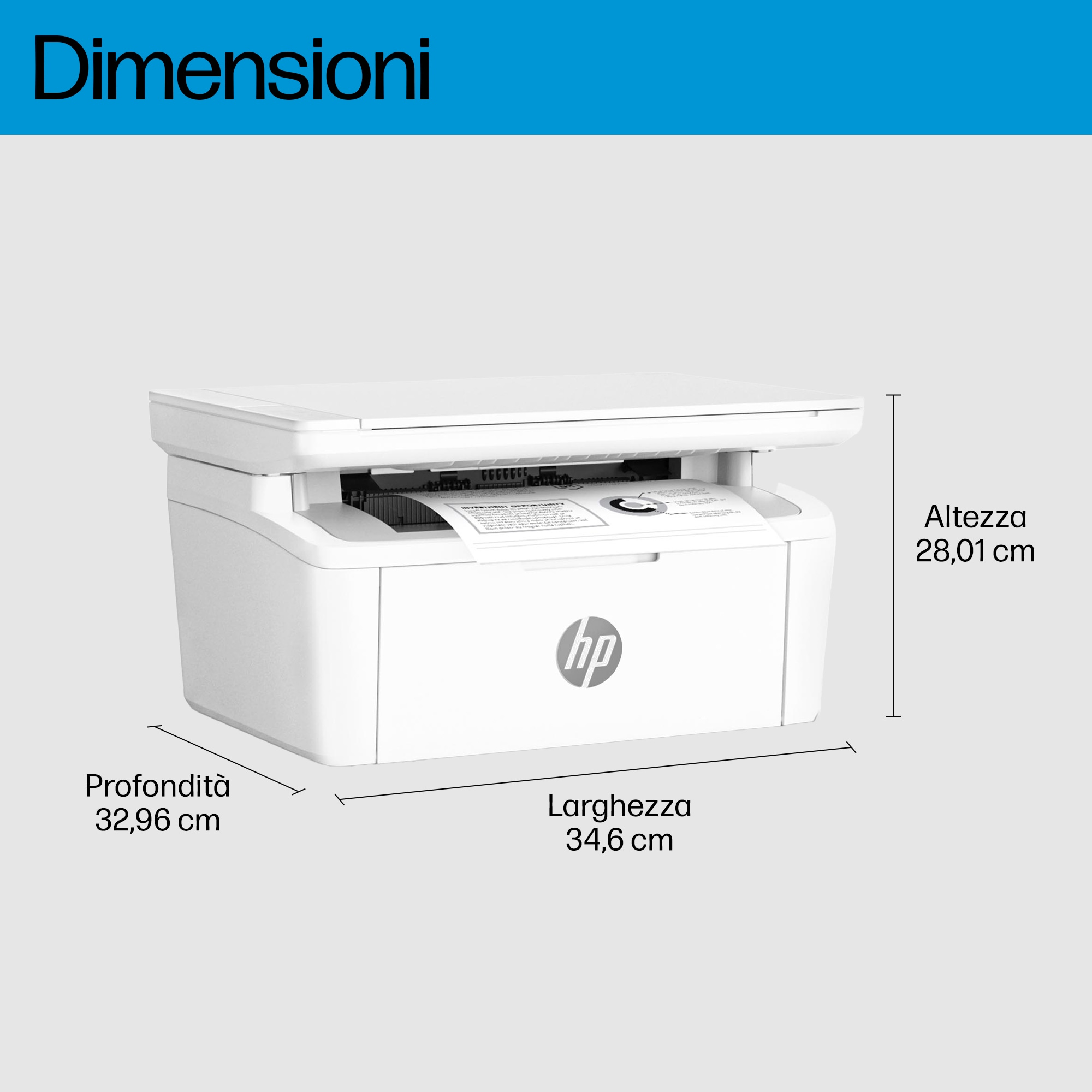 Una impresora HP blanca con dimensiones: profundidad 32,96 cm, ancho 34,6 cm y altura 28,01 cm.