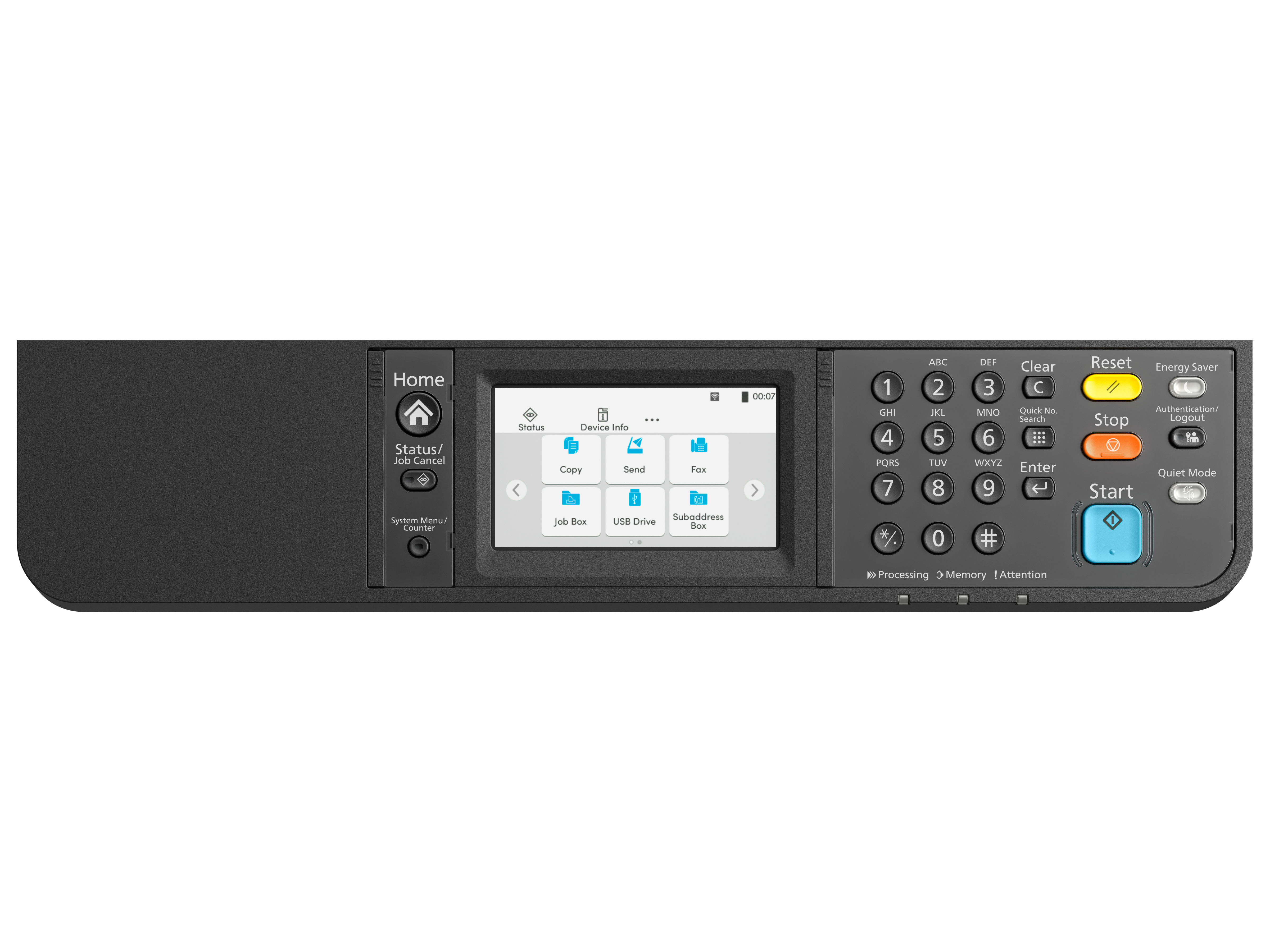 Panel sterowania drukarki Kyocera z przyciskami i ekranem. Panel jest szary i czarny.