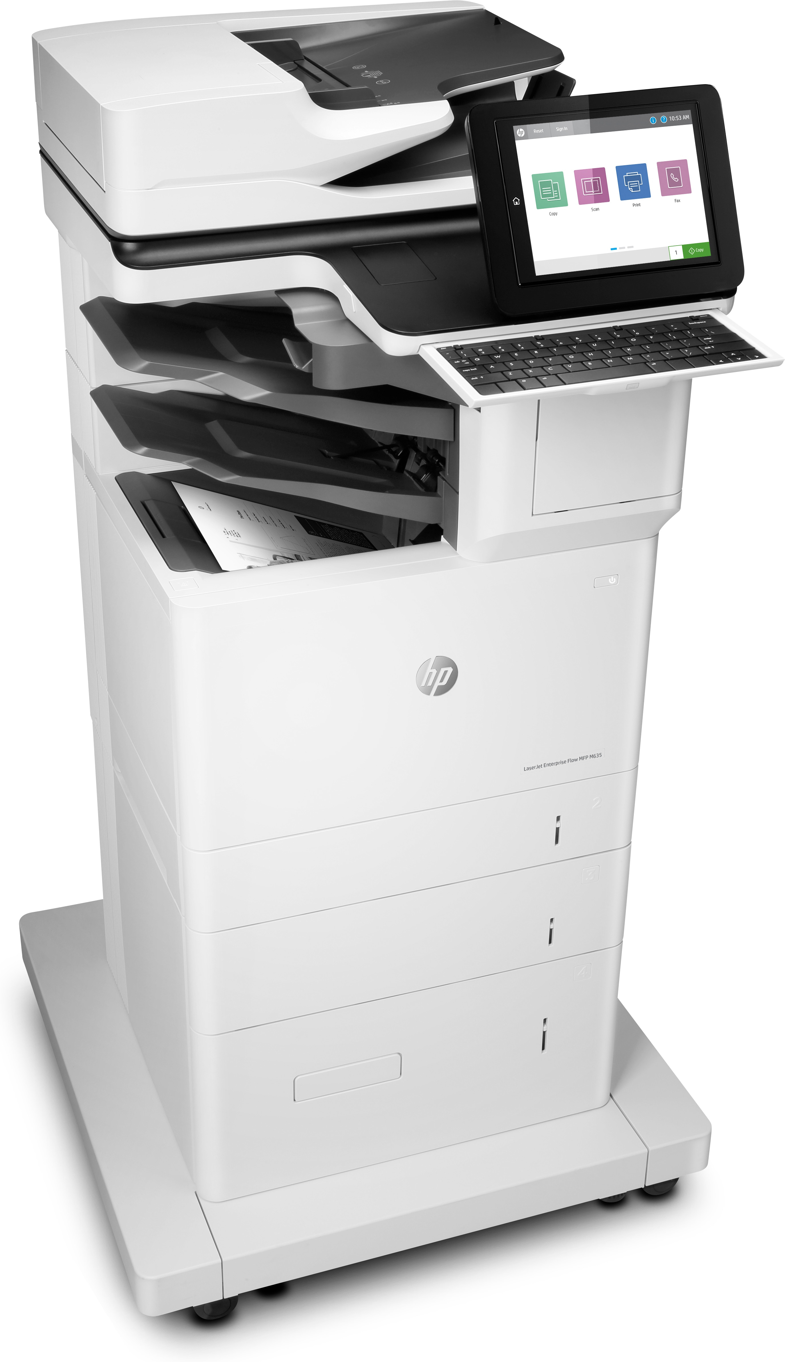 Stampante HP bianca alta con touchscreen e tastiera su base a rotelle.