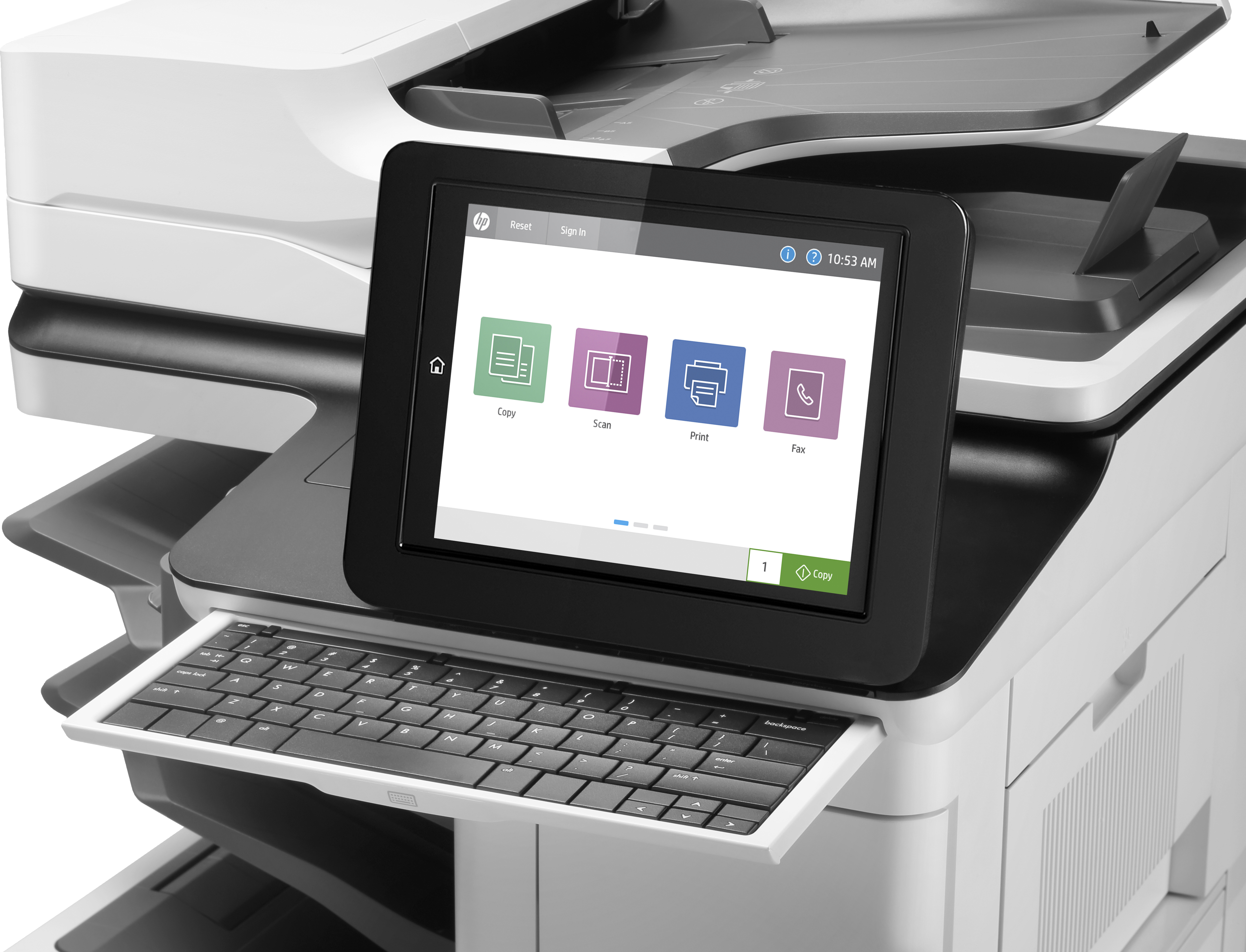 Stampante in bianco e nero con touchscreen e tastiera. Icone Copia, Dimensione, Stampa e Fax.