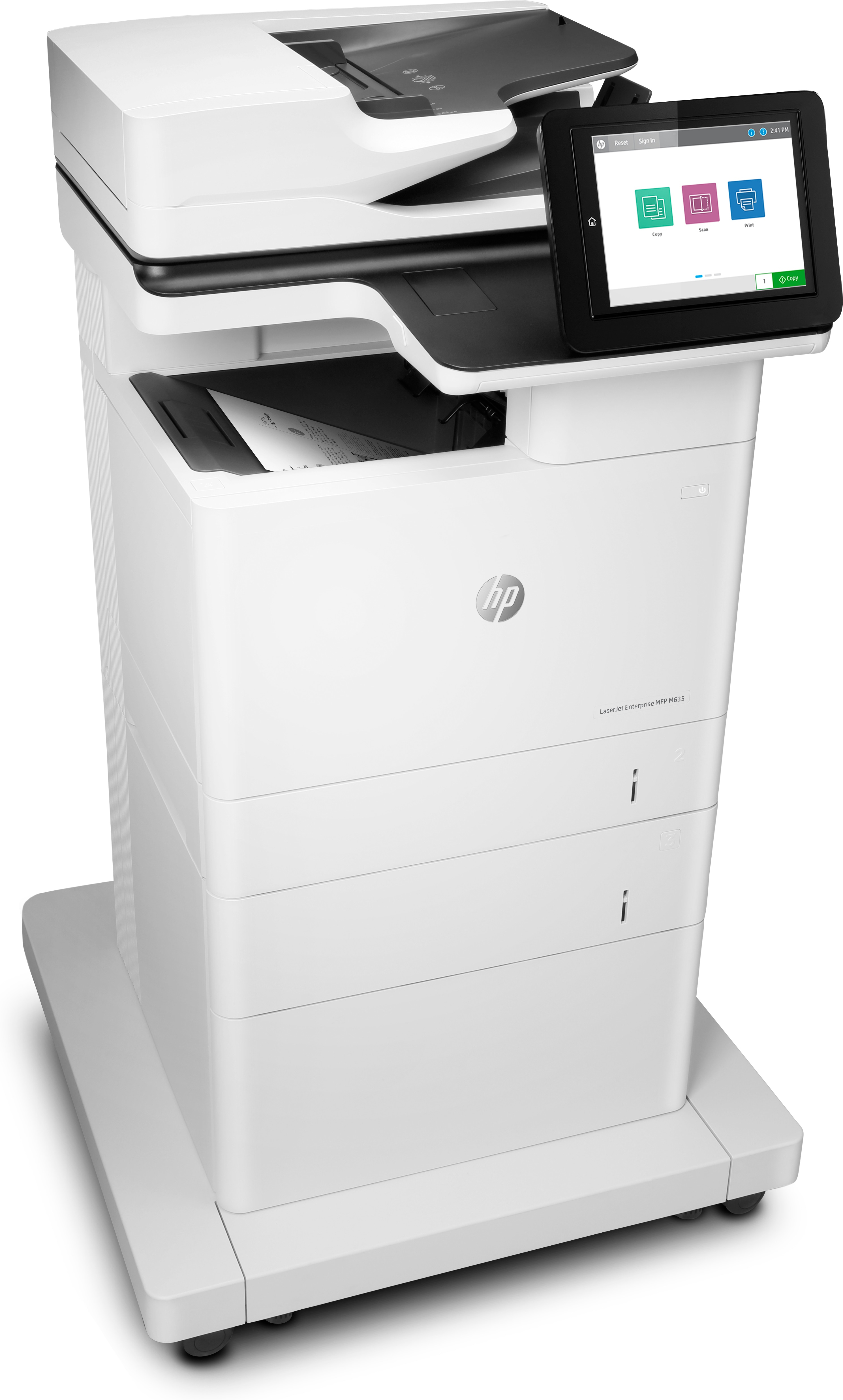 Stampante HP bianca con touchscreen, dettagli neri e pila di carta.