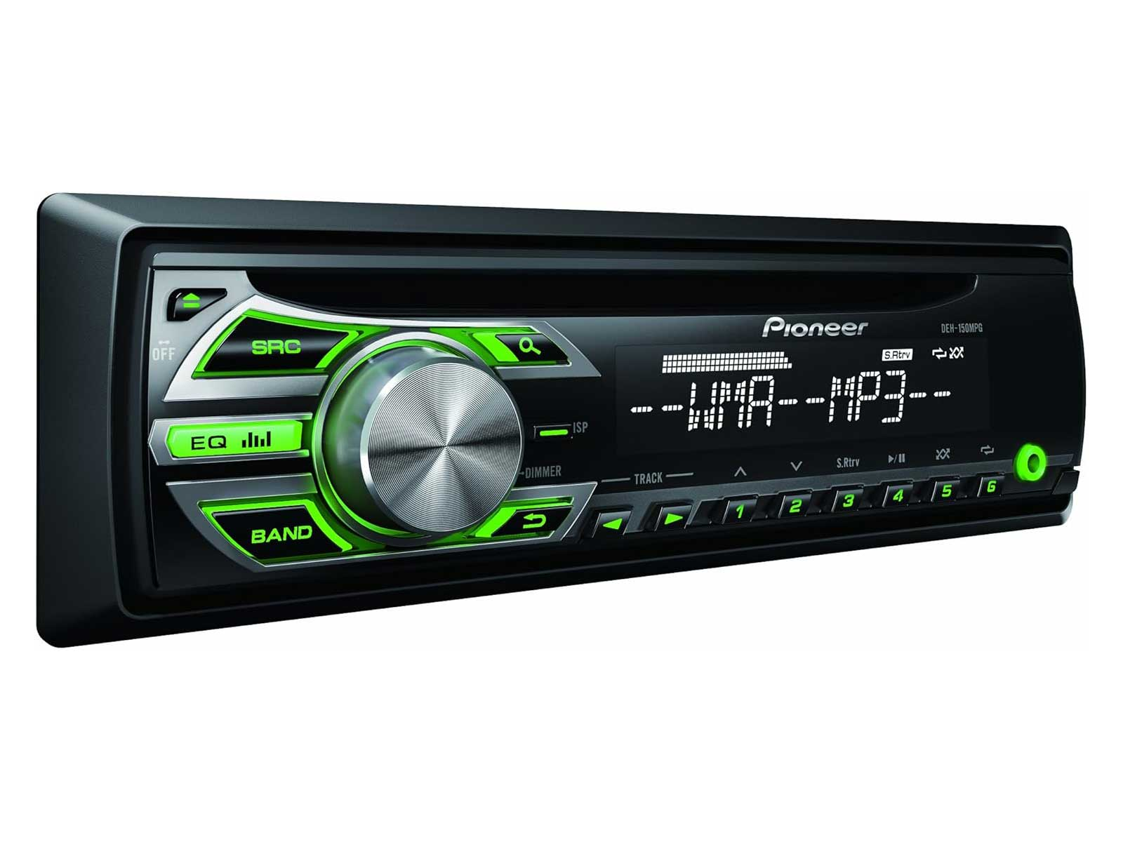 Pioneer-Autoradio, schwarz mit grünen Akzenten, Knöpfen und Display.