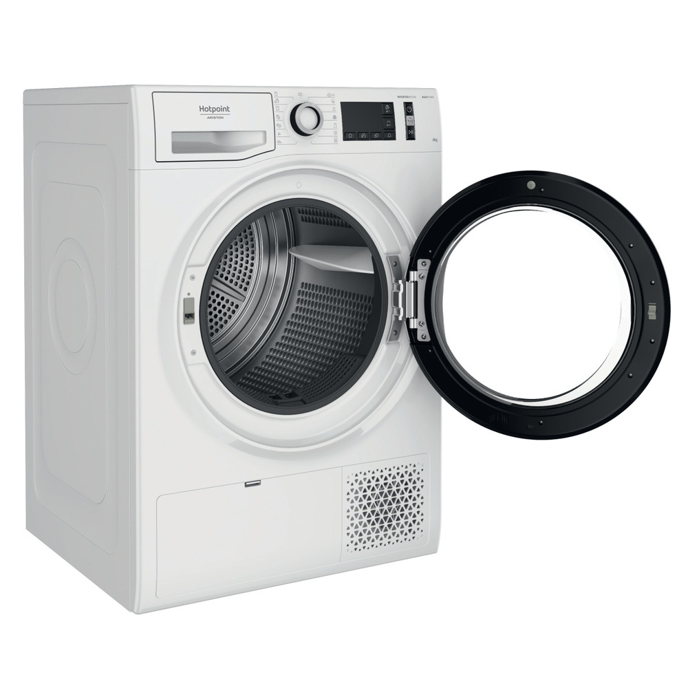 Un'asciugatrice Hotpoint bianca con la porta aperta.