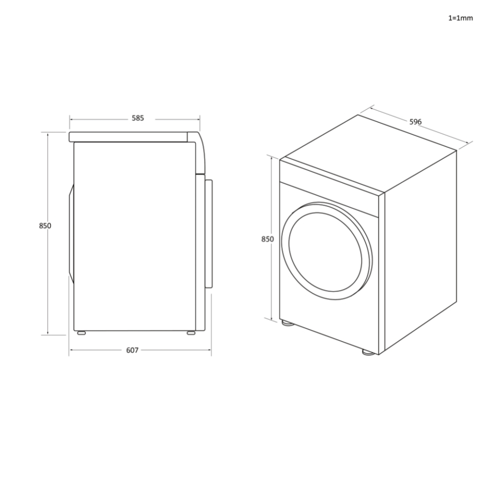Dibujo técnico de una lavadora. Muestra dimensiones en milímetros.