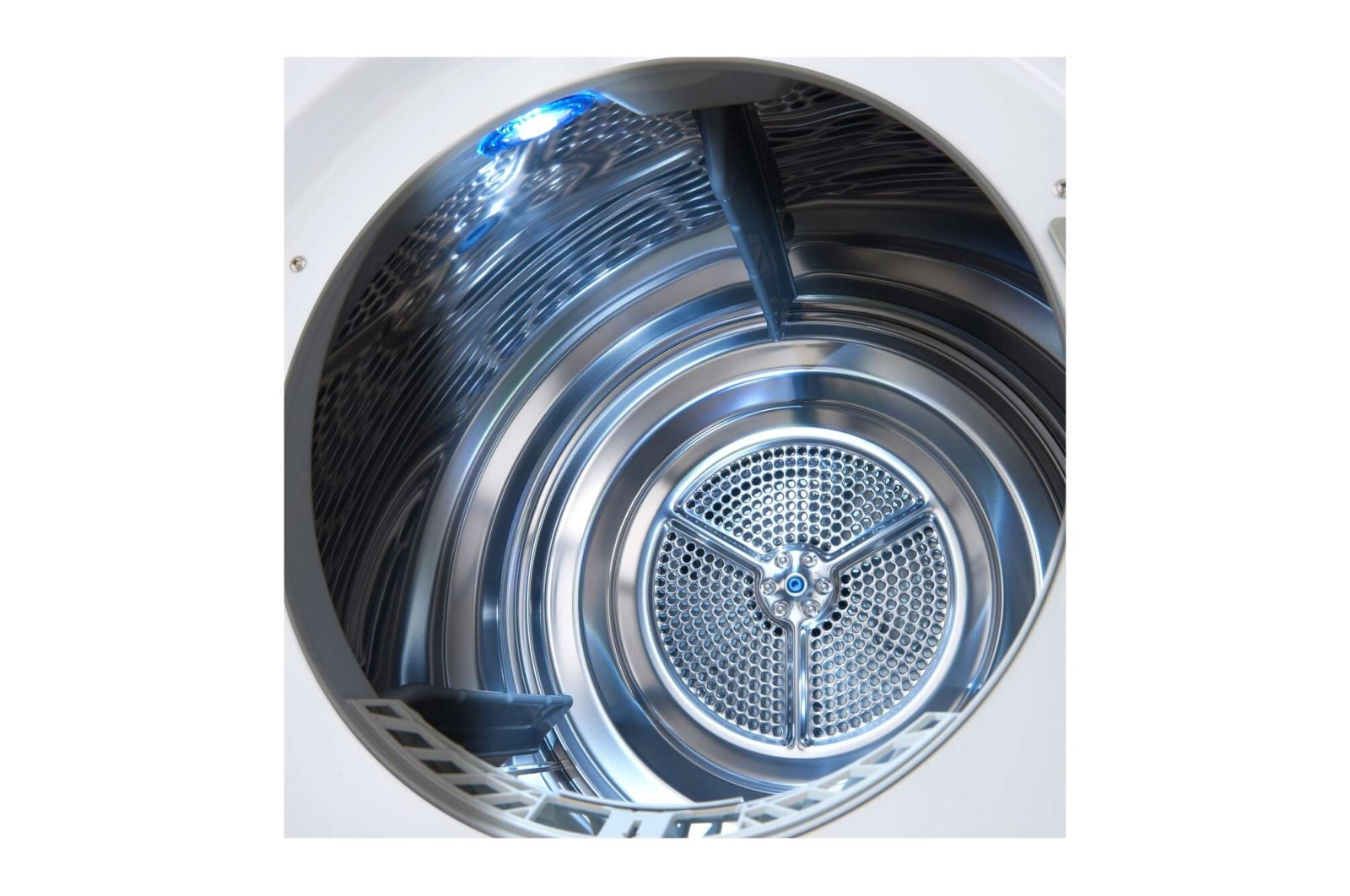 Widok wewnątrz bębna suszarki, pokazujący wnętrze z metalicznym wykończeniem i niebieskim światłem.