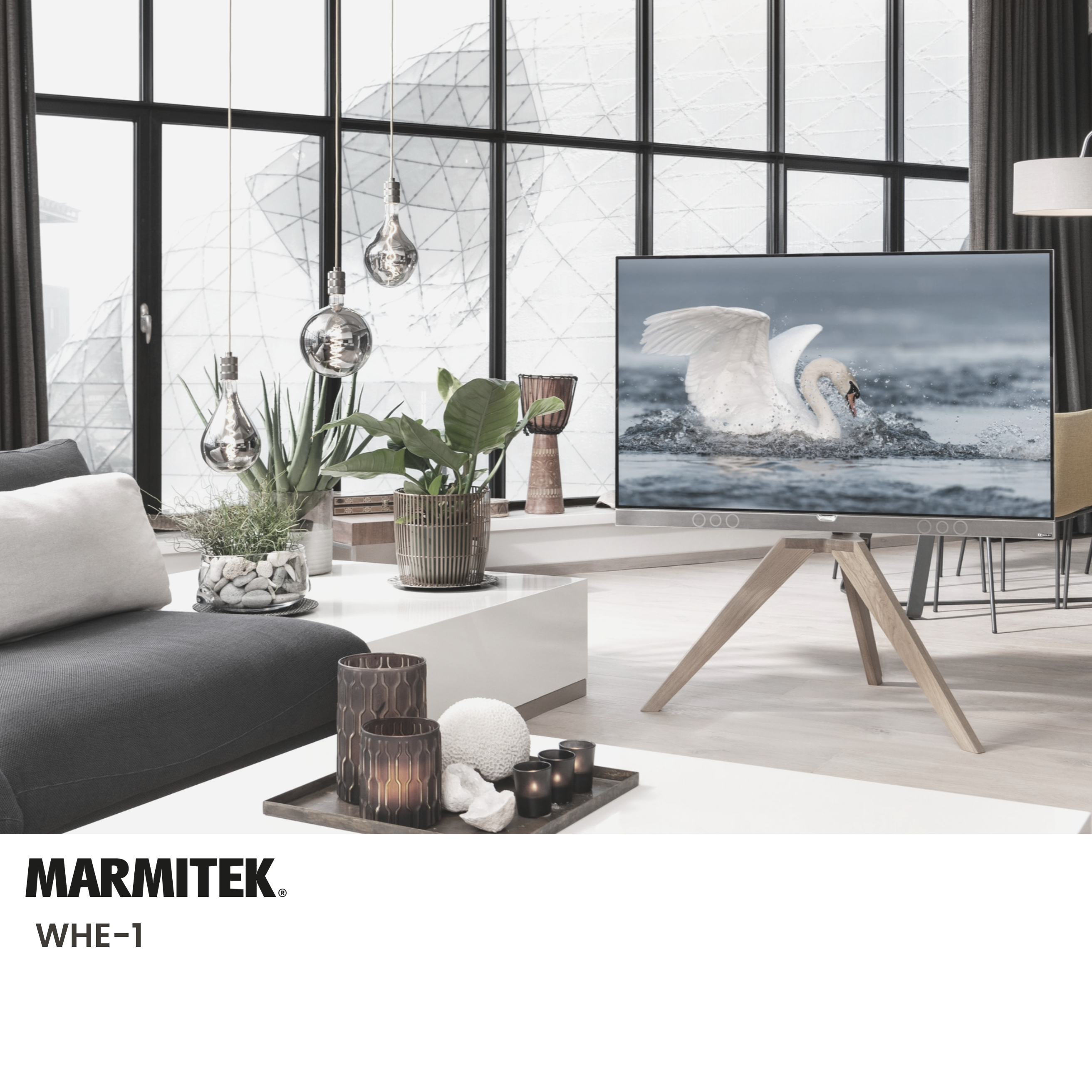 Ein modernes Wohnzimmer mit einem Fernseher auf einem Holzständer. Ein Schwan ist auf dem Bildschirm.