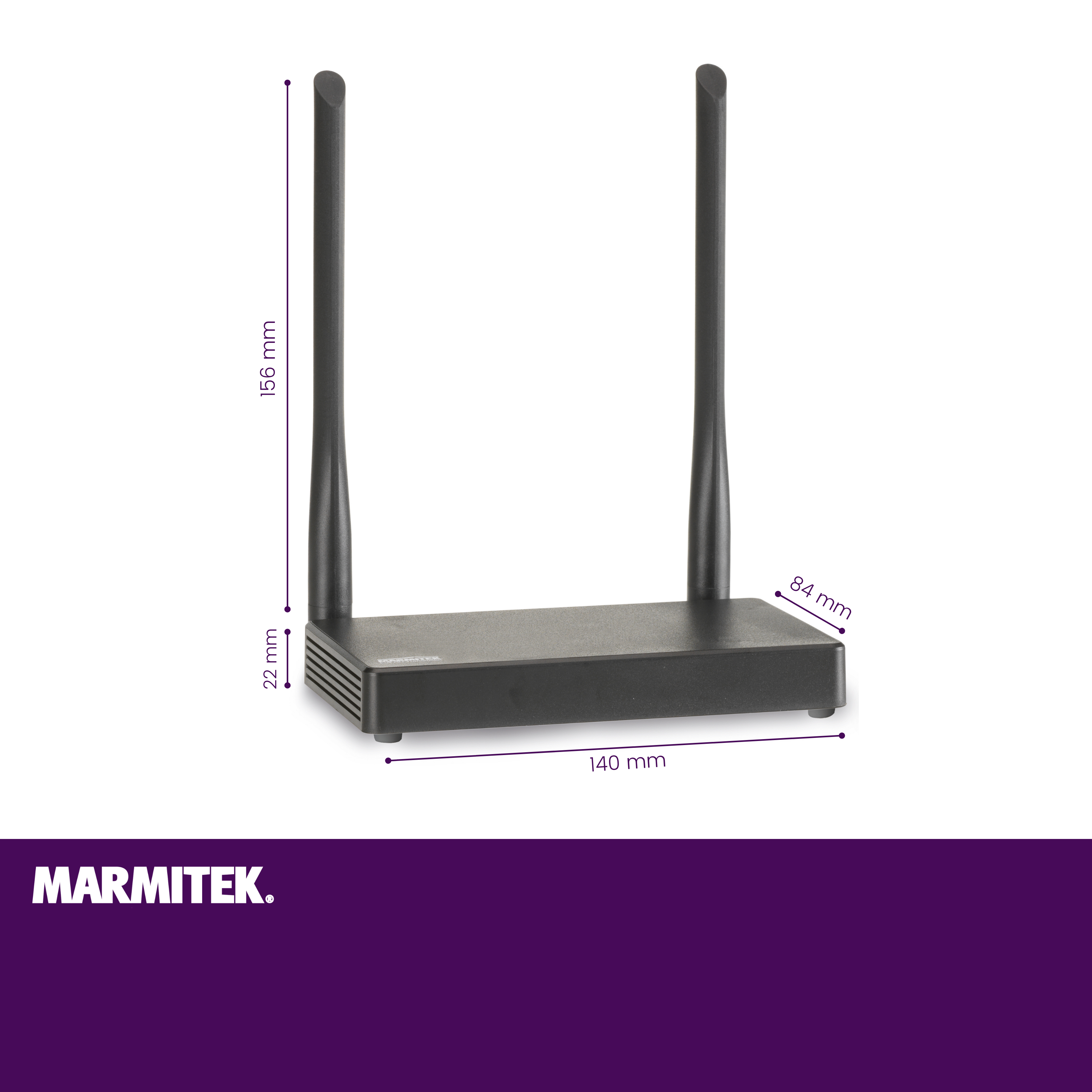 Schwarzer Router mit zwei Antennen. Abmessungen sind 140x84x22 mm, mit 156 mm Antennen. Markenname ist Marmitek.