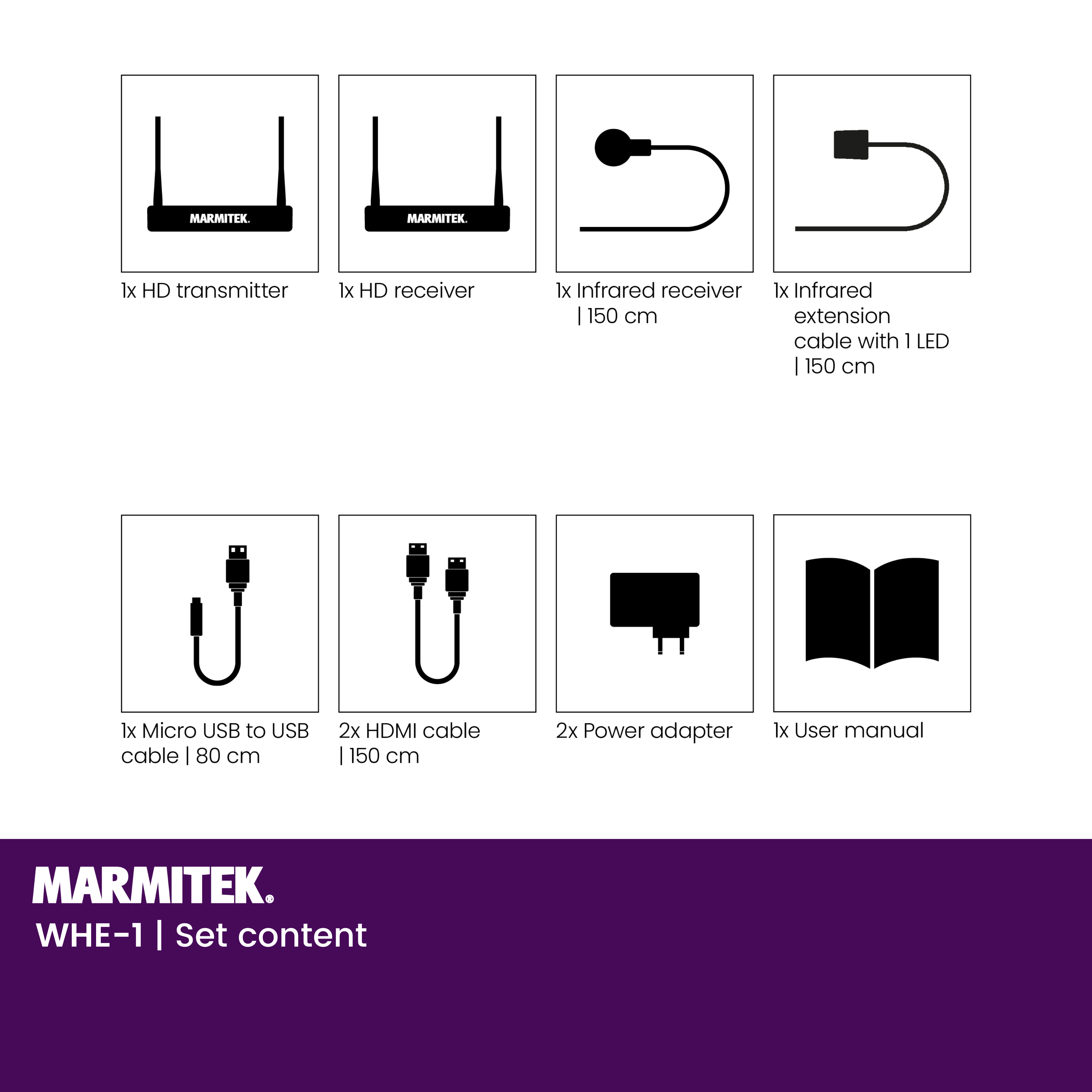 Diagramm des Inhalts einer Produktbox, einschließlich Kabel und Adapter.