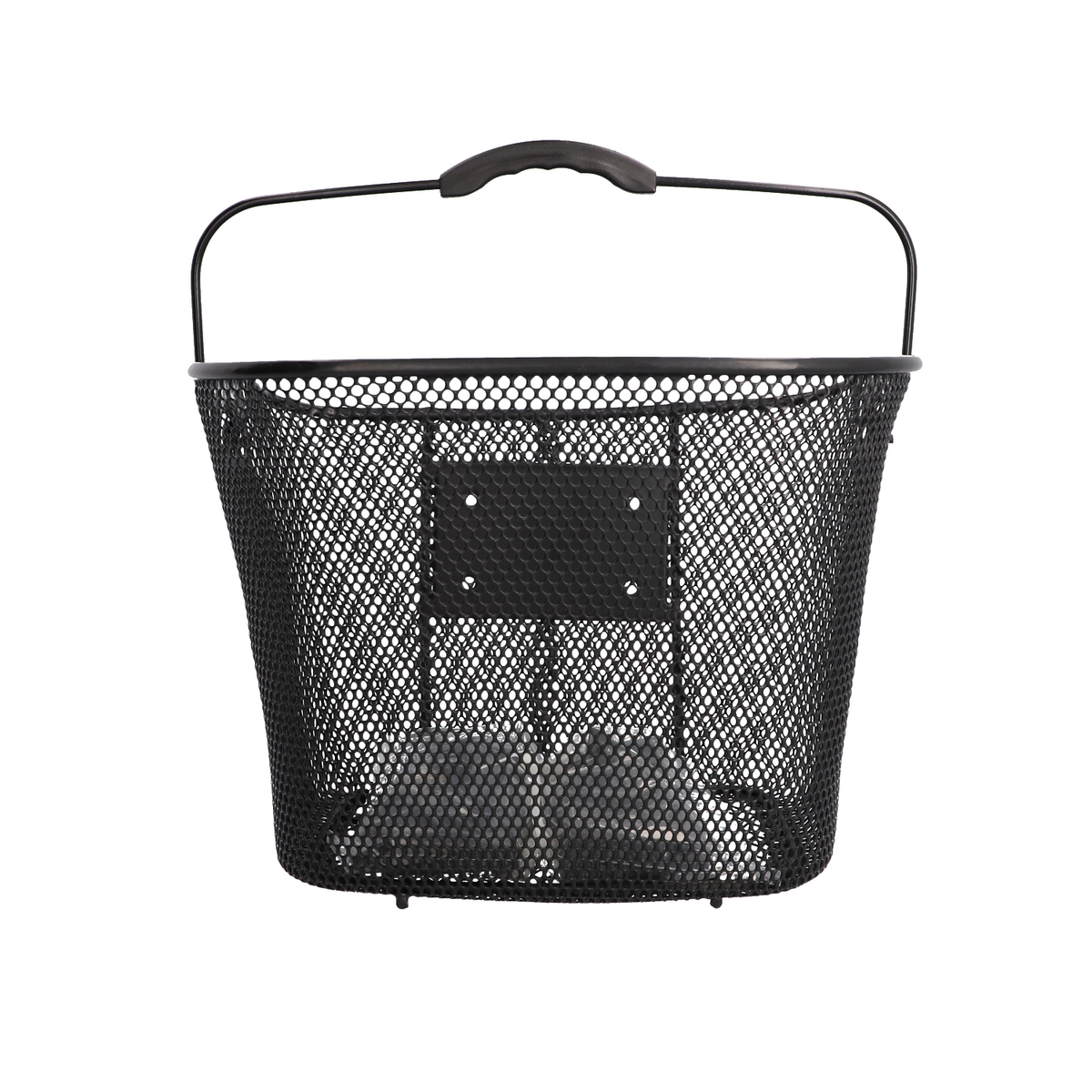 Cesta de bicicleta negra, de malla, con asa de transporte y una placa de montaje negra.