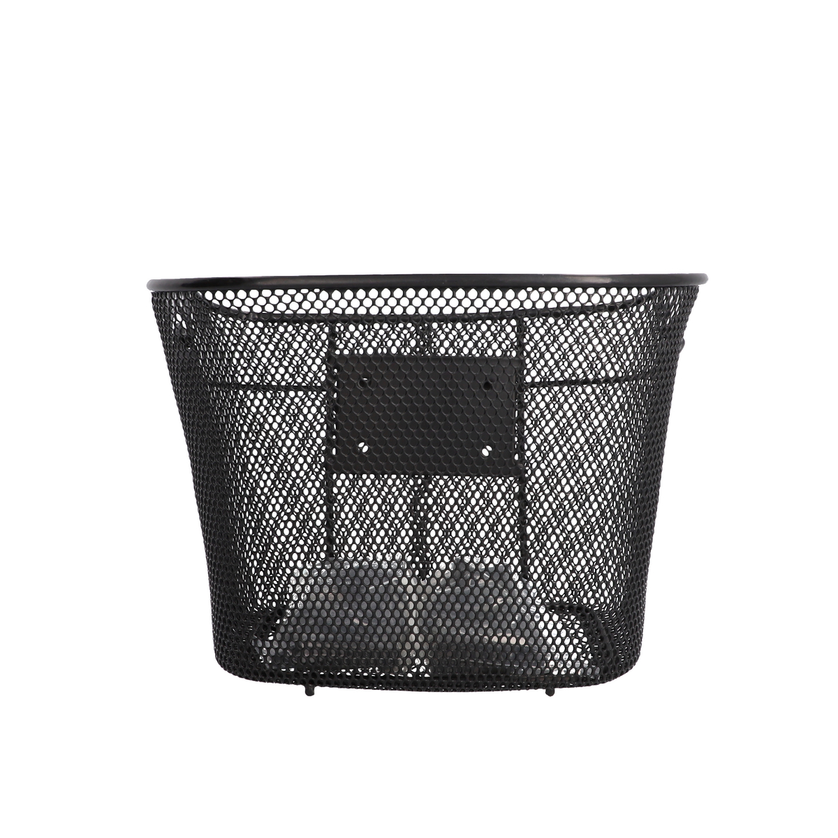 Cesta de bicicleta de metal negro con diseño de malla, sobre fondo blanco.