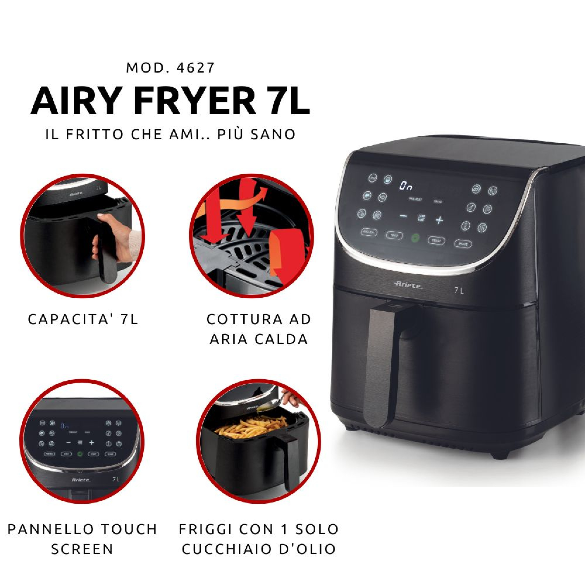 Czarna frytkownica powietrzna z różnymi funkcjami, w tym ekranem dotykowym.