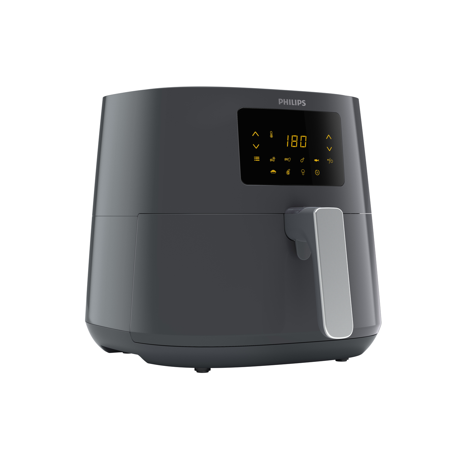Dunkelgraue Philips Heißluftfritteuse. Digitalanzeige zeigt 180. Silberner Griff vorne.