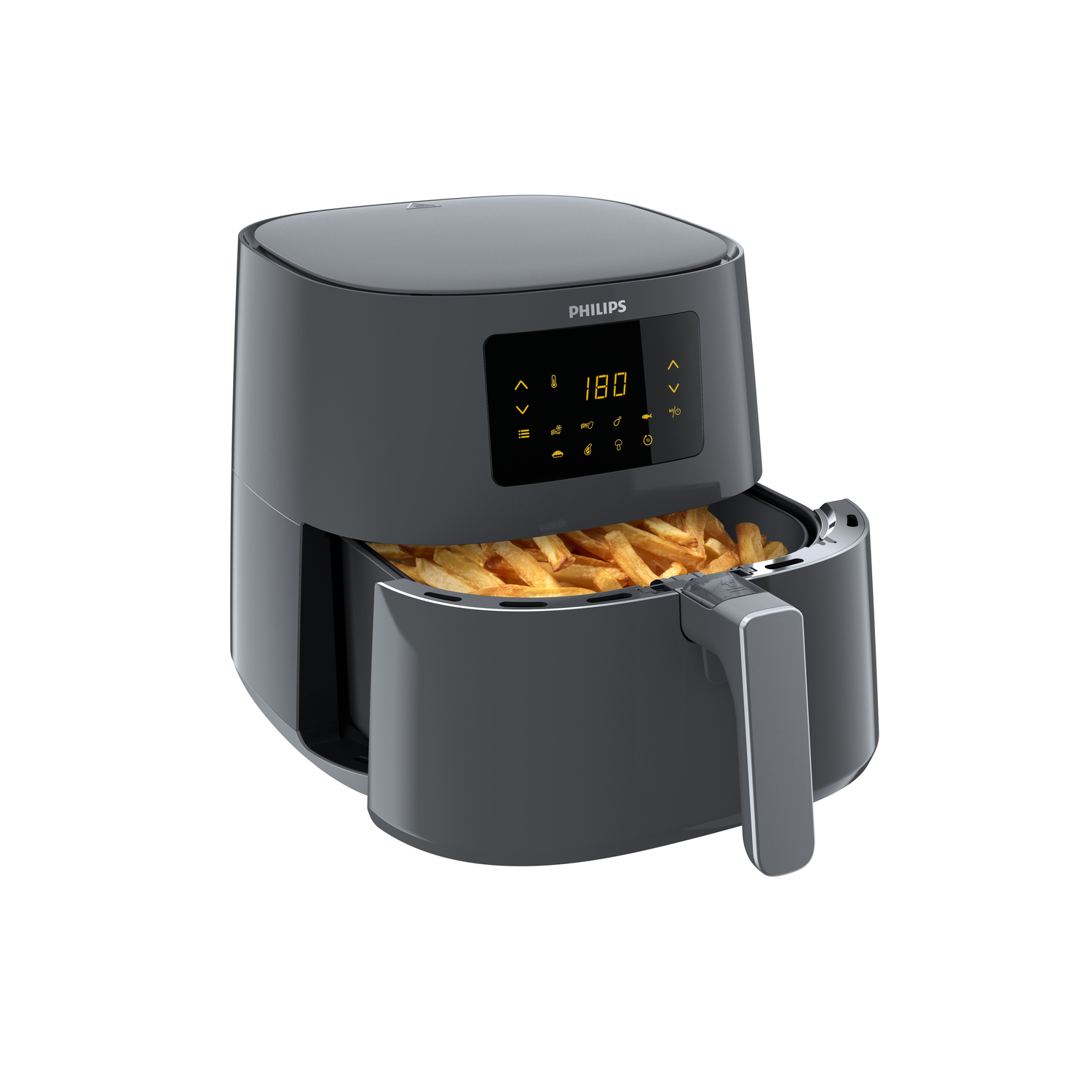 Ein dunkelgrauer Philips-Luftfritteuse mit einem Korb voller Pommes Frites und einem Digitaldisplay.
