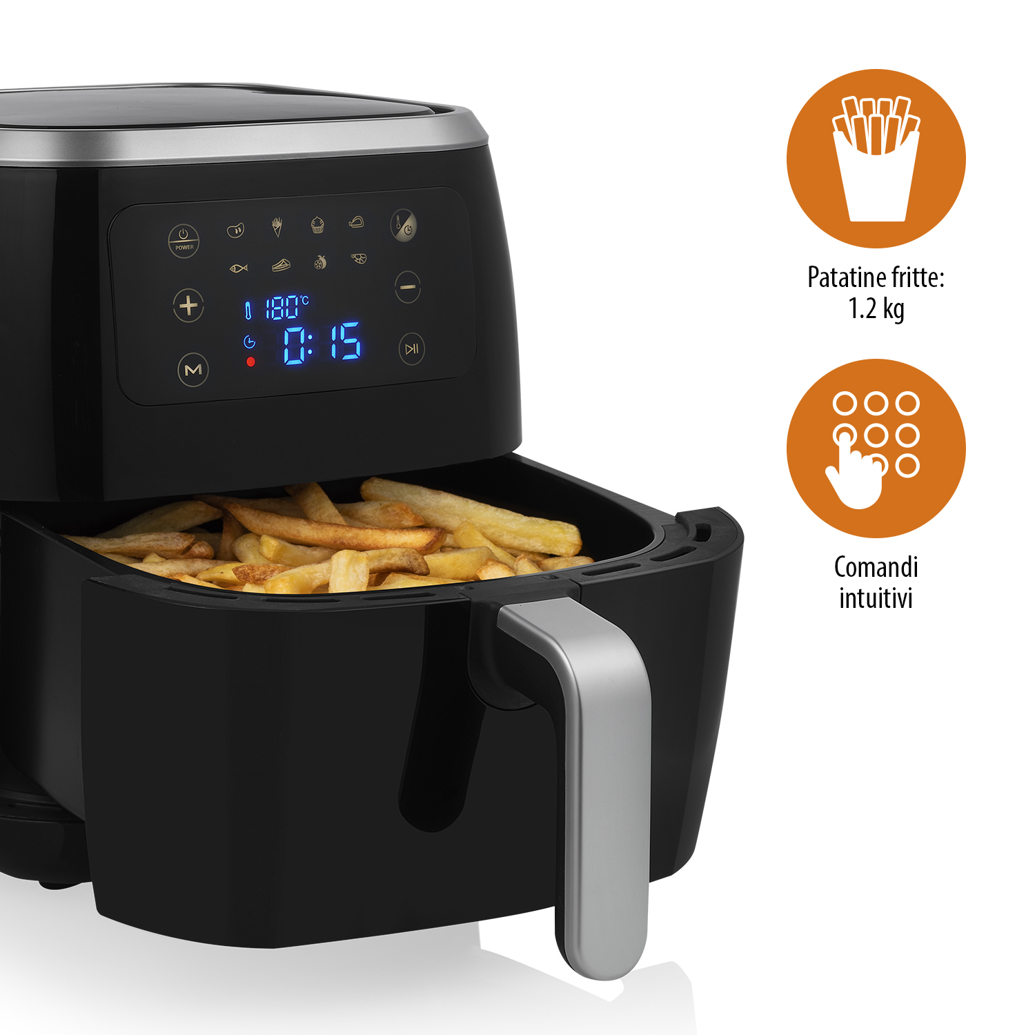 Schwarze Luftfritteuse mit Pommes im Korb. Digitalanzeige zeigt Zeit und Temp.