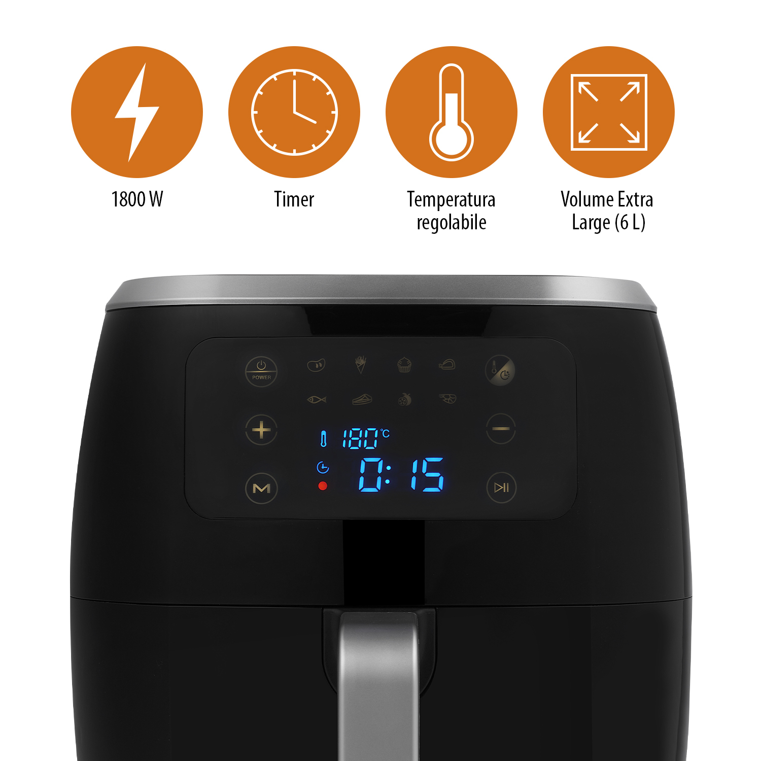 Schwarze Heißluftfritteuse mit Digitalanzeige für Temperatur und Zeit. Vier Symbole über der Anzeige.