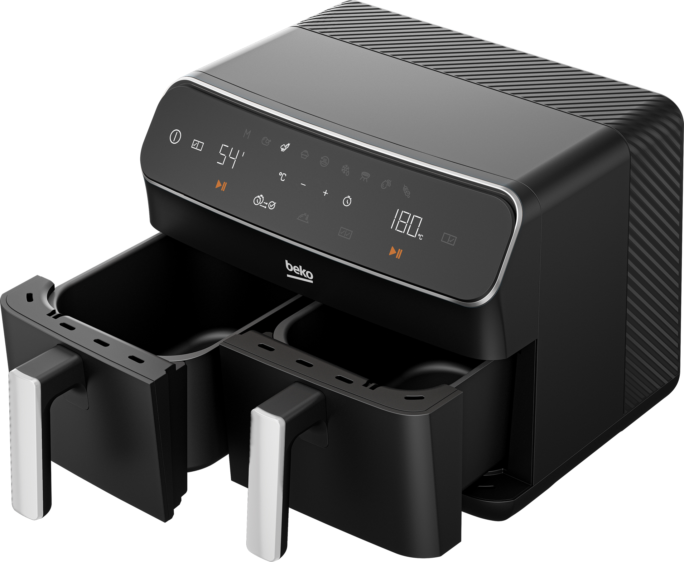 Black air fryer with dual compartments. Digital display shows settings and time.