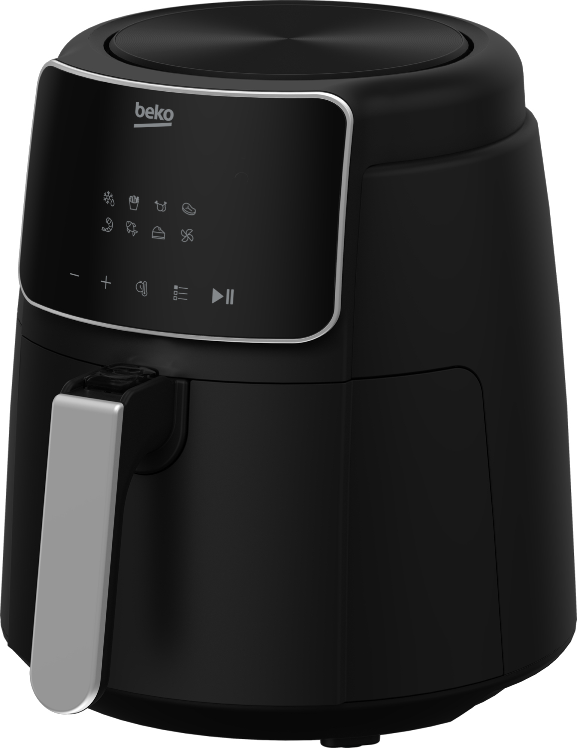 Czarna frytkownica beztłuszczowa Beko z cyfrowym panelem sterowania i srebrnym uchwytem.