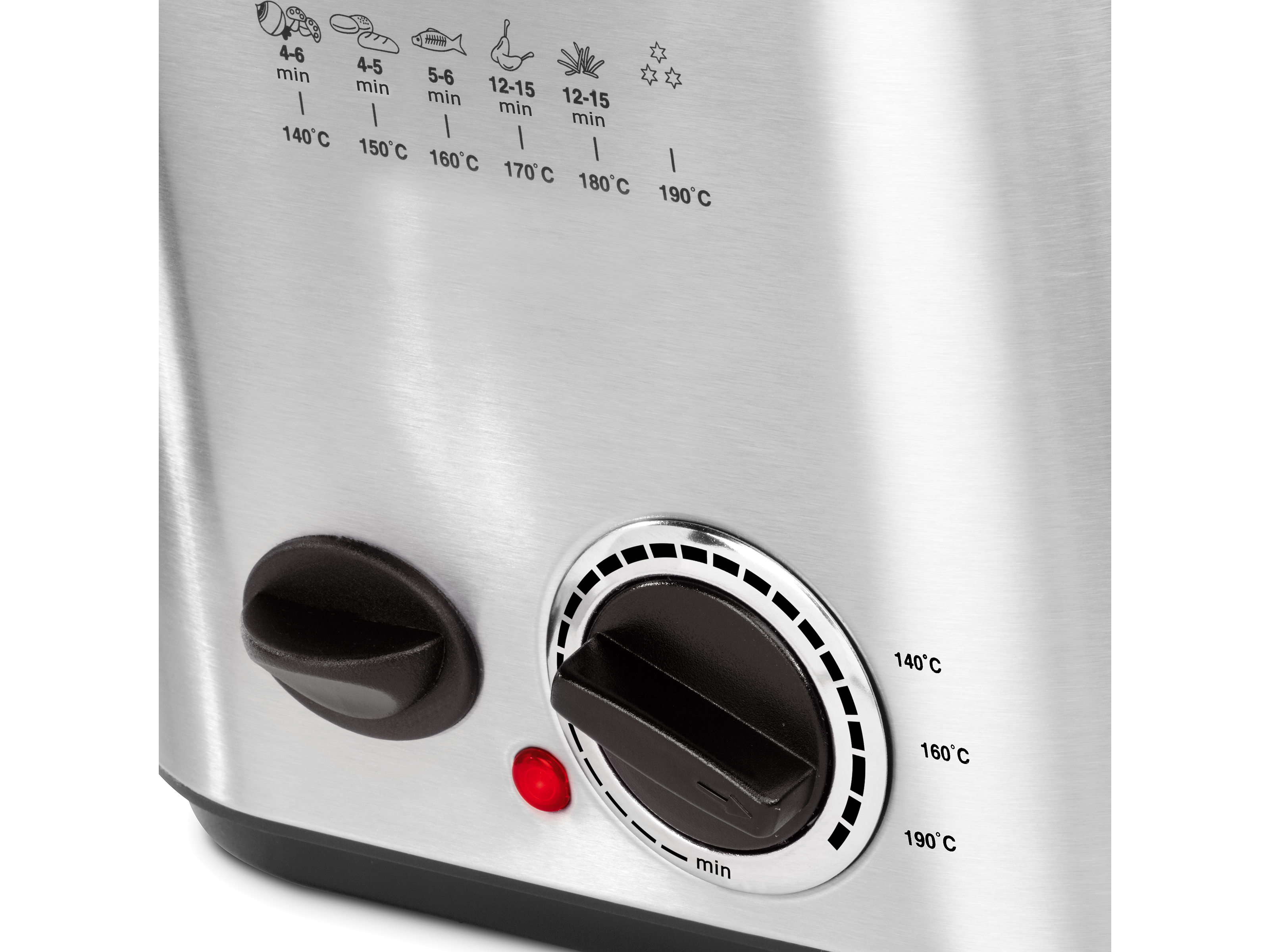 Zbliżenie panelu sterowania frytownicy. Widoczne pokrętła i ustawienia temperatury.